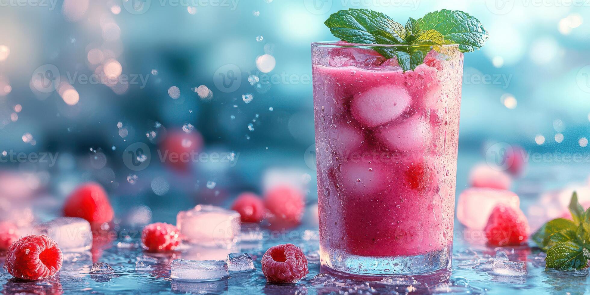 Refreshing raspberry drink garnished with mint surrounded by ice cubes in a vibrant setting photo