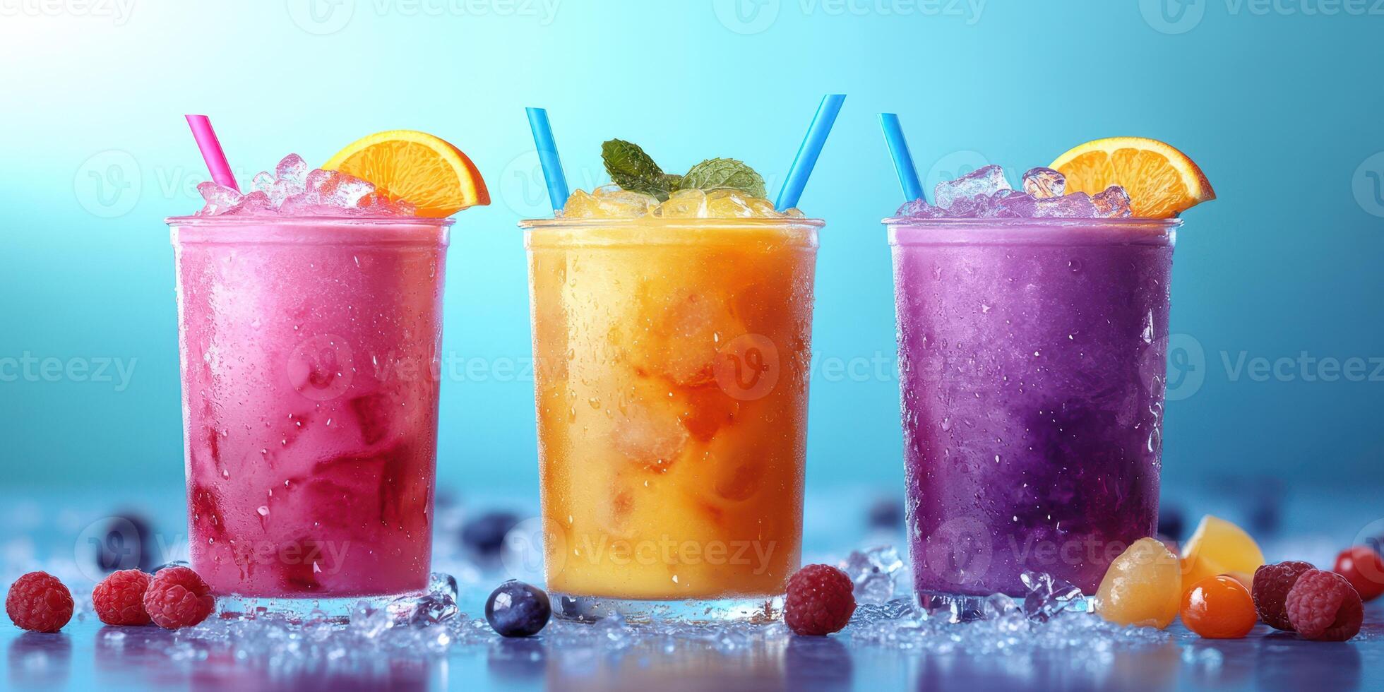 Colorful frozen drinks served with fruit garnishes in a vibrant and refreshing setting during a summer afternoon photo