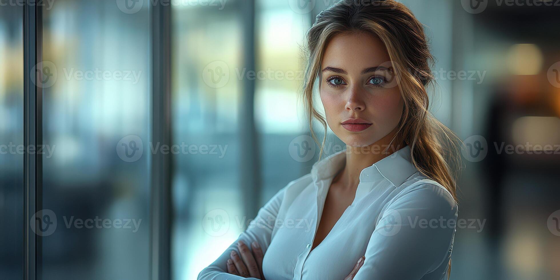 Confident young woman with long hair in a light blouse stands with arms crossed in a modern office setting during daylight hours photo
