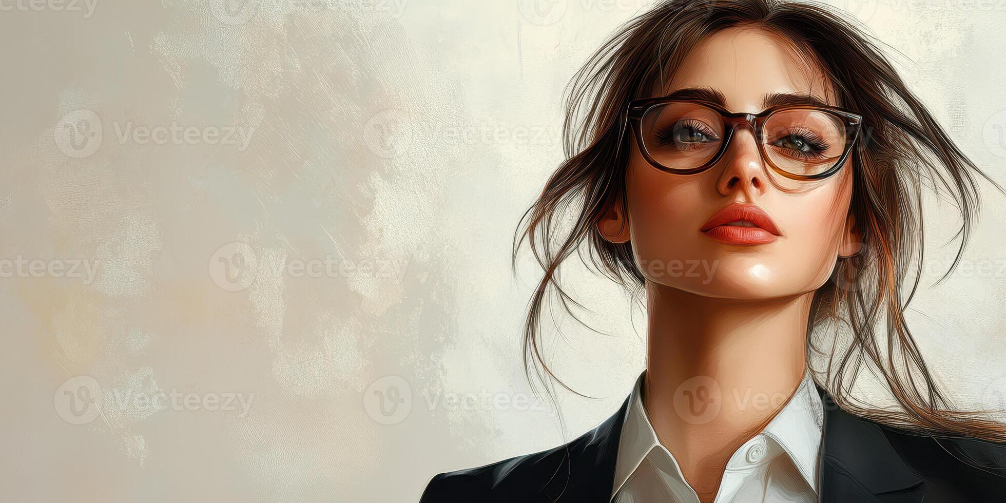 Elegant woman with glasses and striking features against a soft background in a professional attire photo