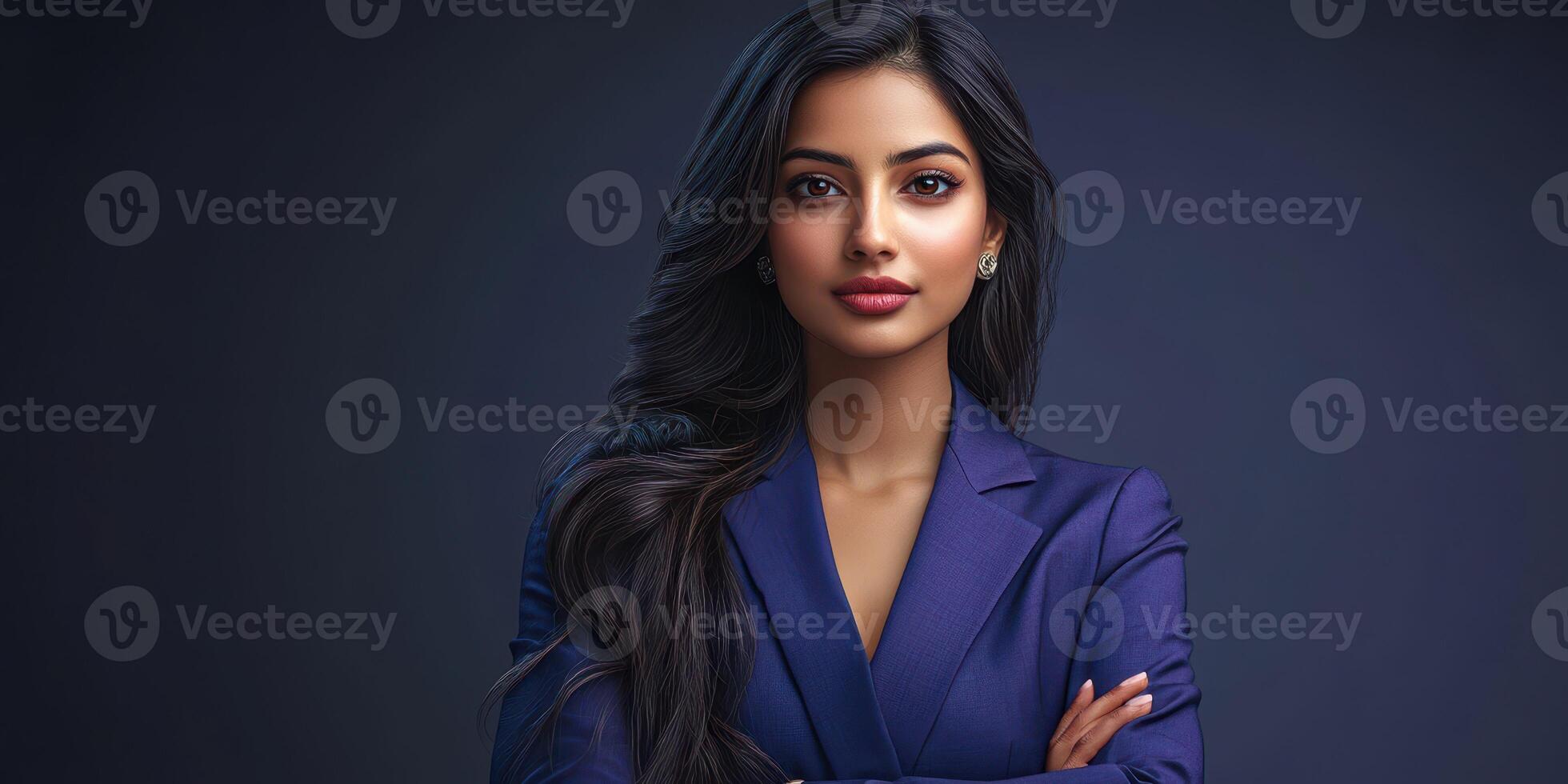 Confident woman poses in a professional outfit against a dark background showcasing elegance and strength photo
