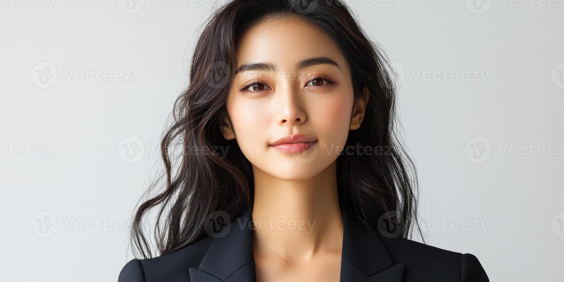Portrait of a young woman with long dark hair in a formal black blazer against a light background, showcasing a confident expression photo