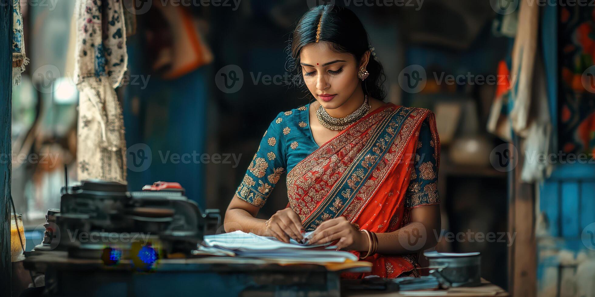 Woman in colorful sari writing at a wooden table in a bustling market stall in India during the late afternoon photo