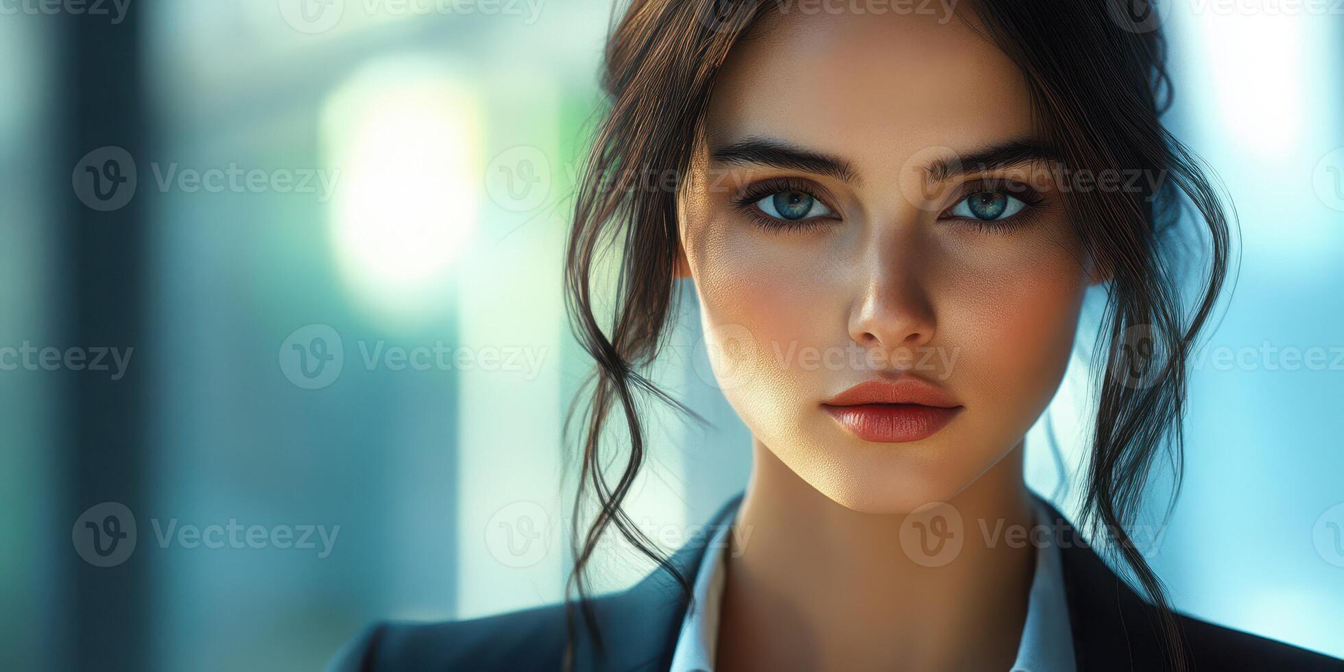 Captivating close-up of a woman with striking features in a modern office setting photo