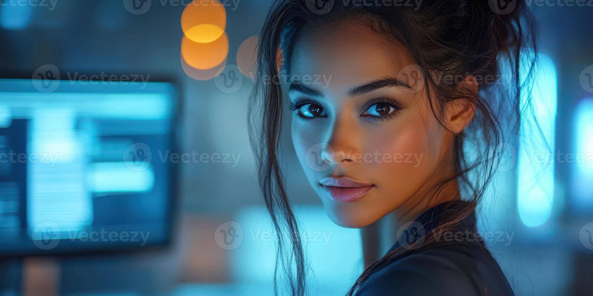 Young woman in a dark office setting looks back at the camera with interest and illuminated screens in the background during evening hours photo
