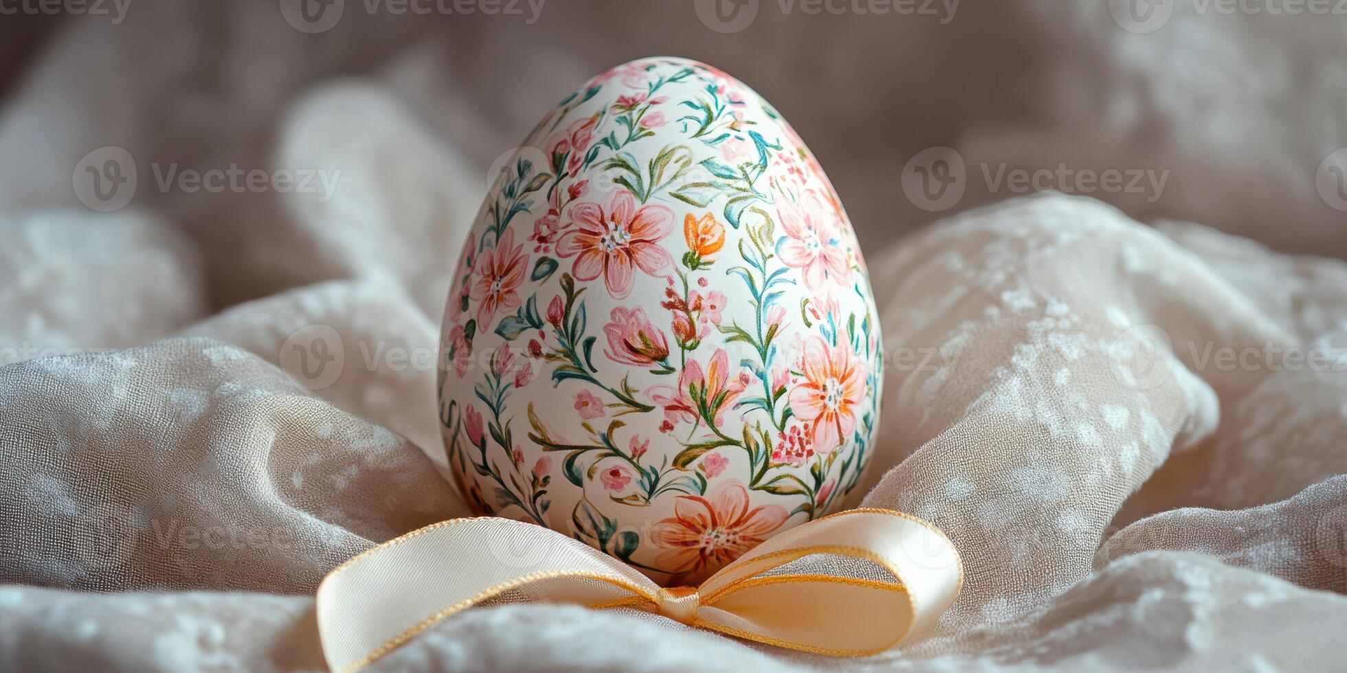 Decorative floral egg resting on soft fabric with a ribbon bow photo