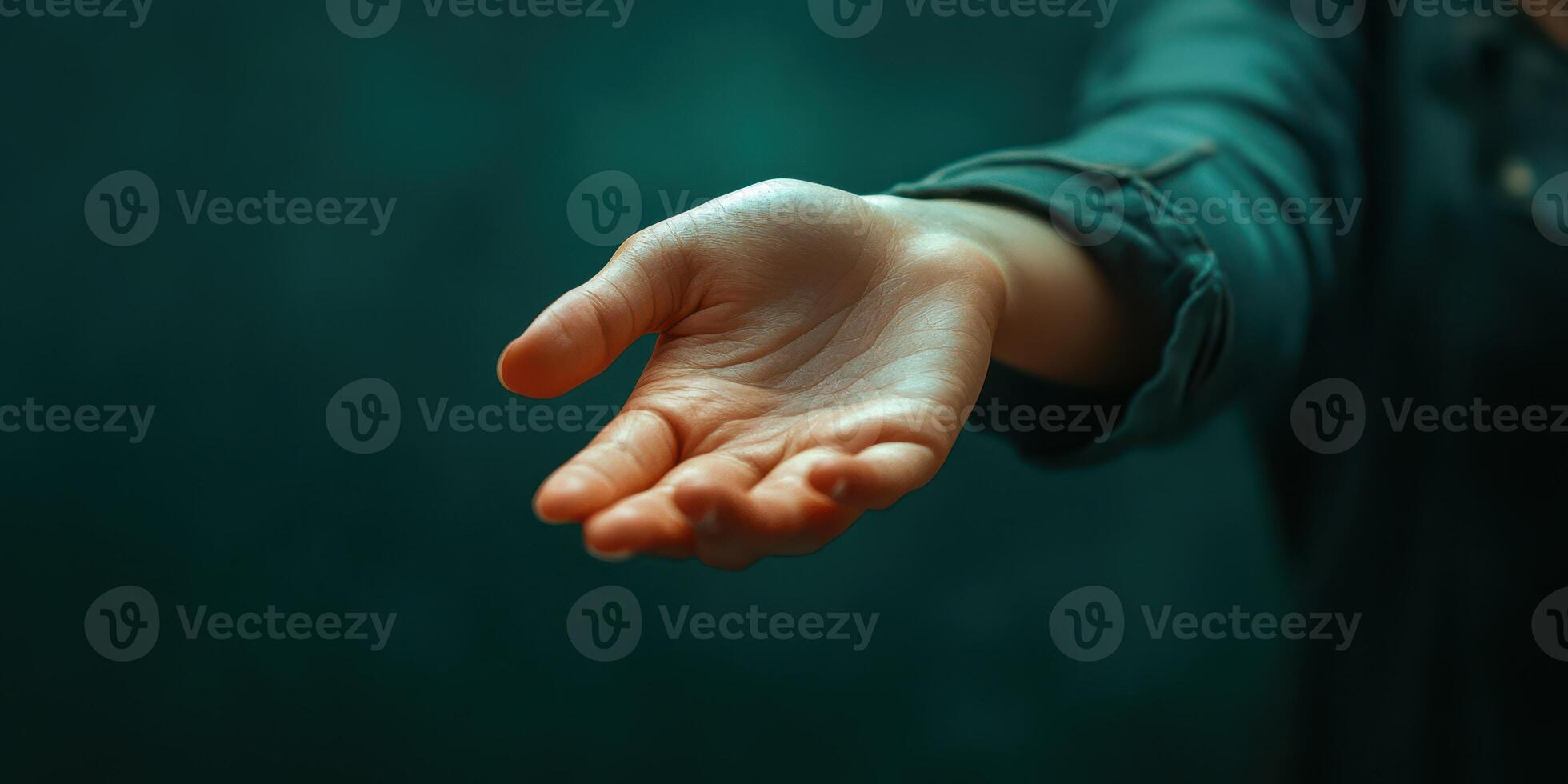 Open hand reaches out against a blurred green background in soft lighting photo