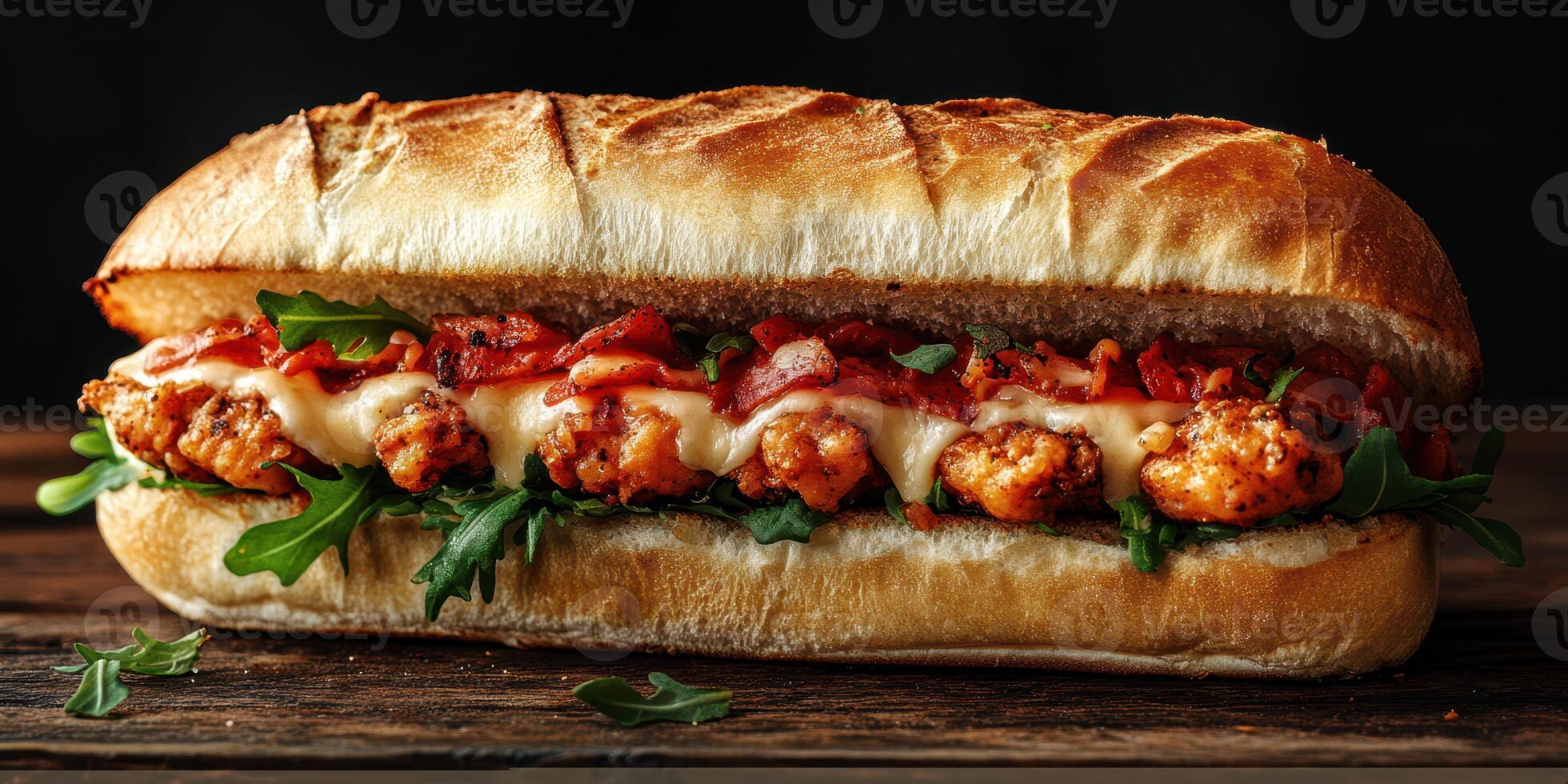 Delicious spicy chicken sandwich served on crusty bread with fresh greens and toppings in a rustic setting photo