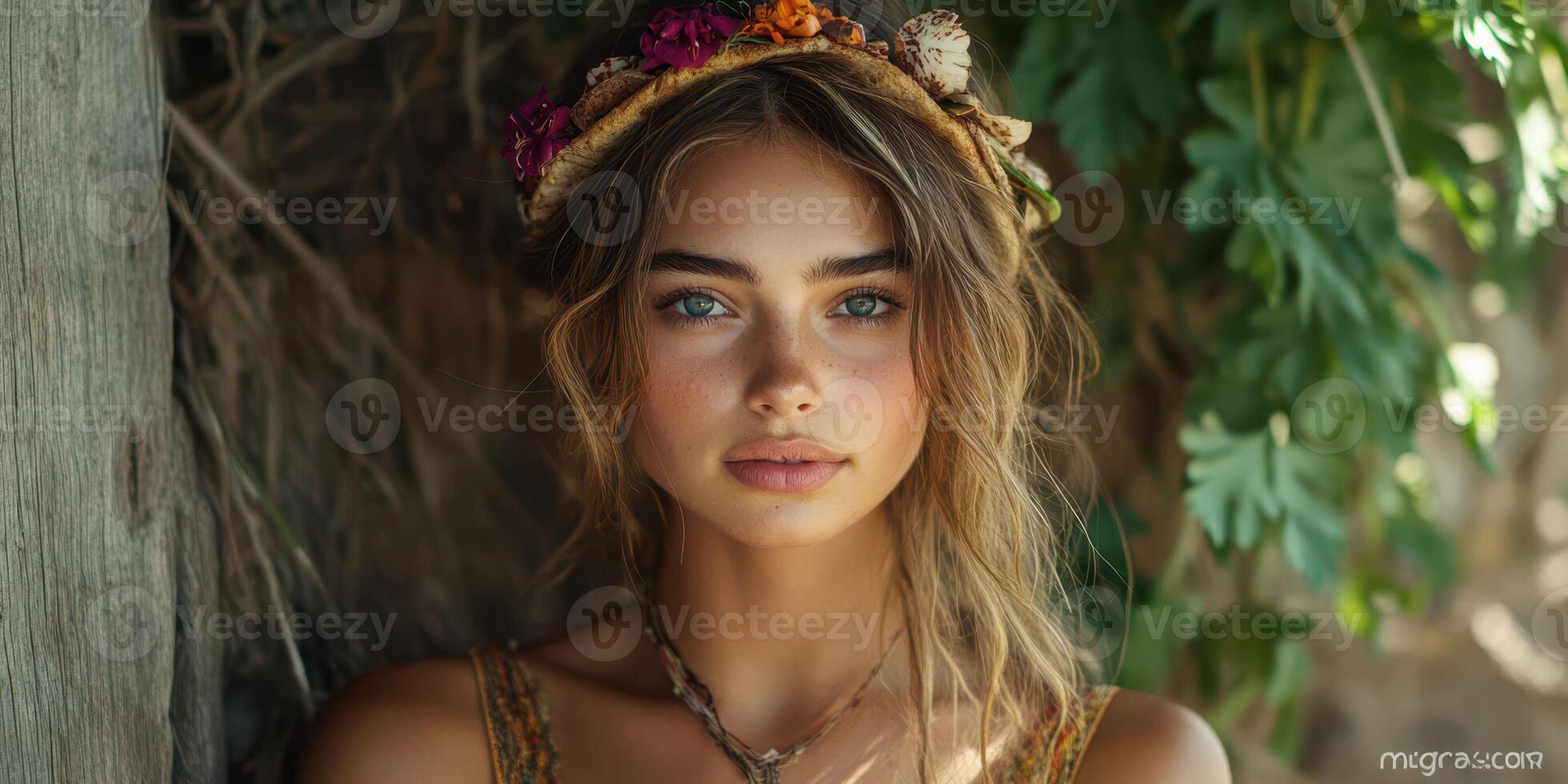 Young woman with flowing hair and floral crown poses against a rustic wooden backdrop in a natural setting during daylight hours photo