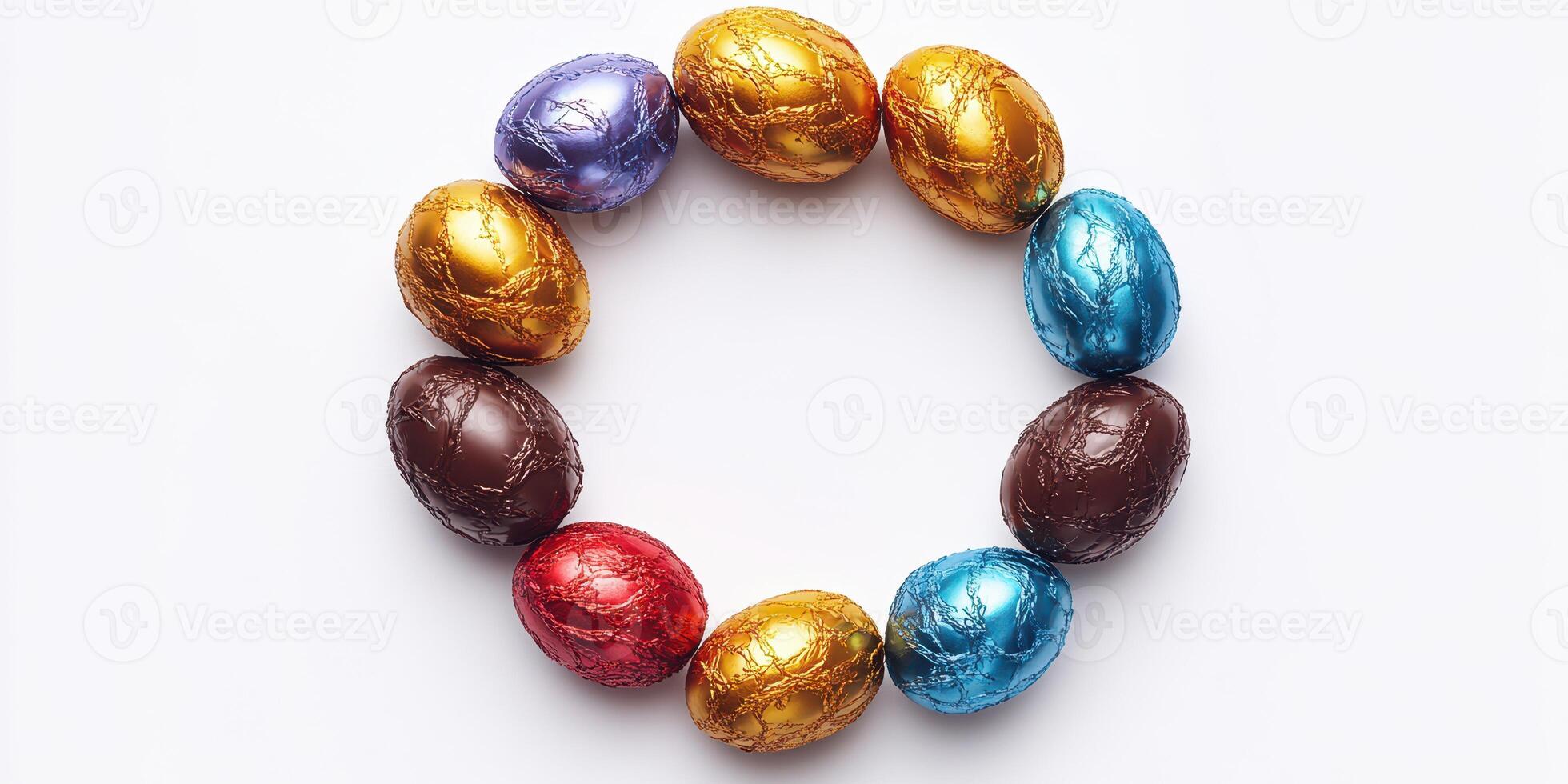 Colorful chocolate eggs arranged in a circular pattern for a festive celebration during springtime festivities photo