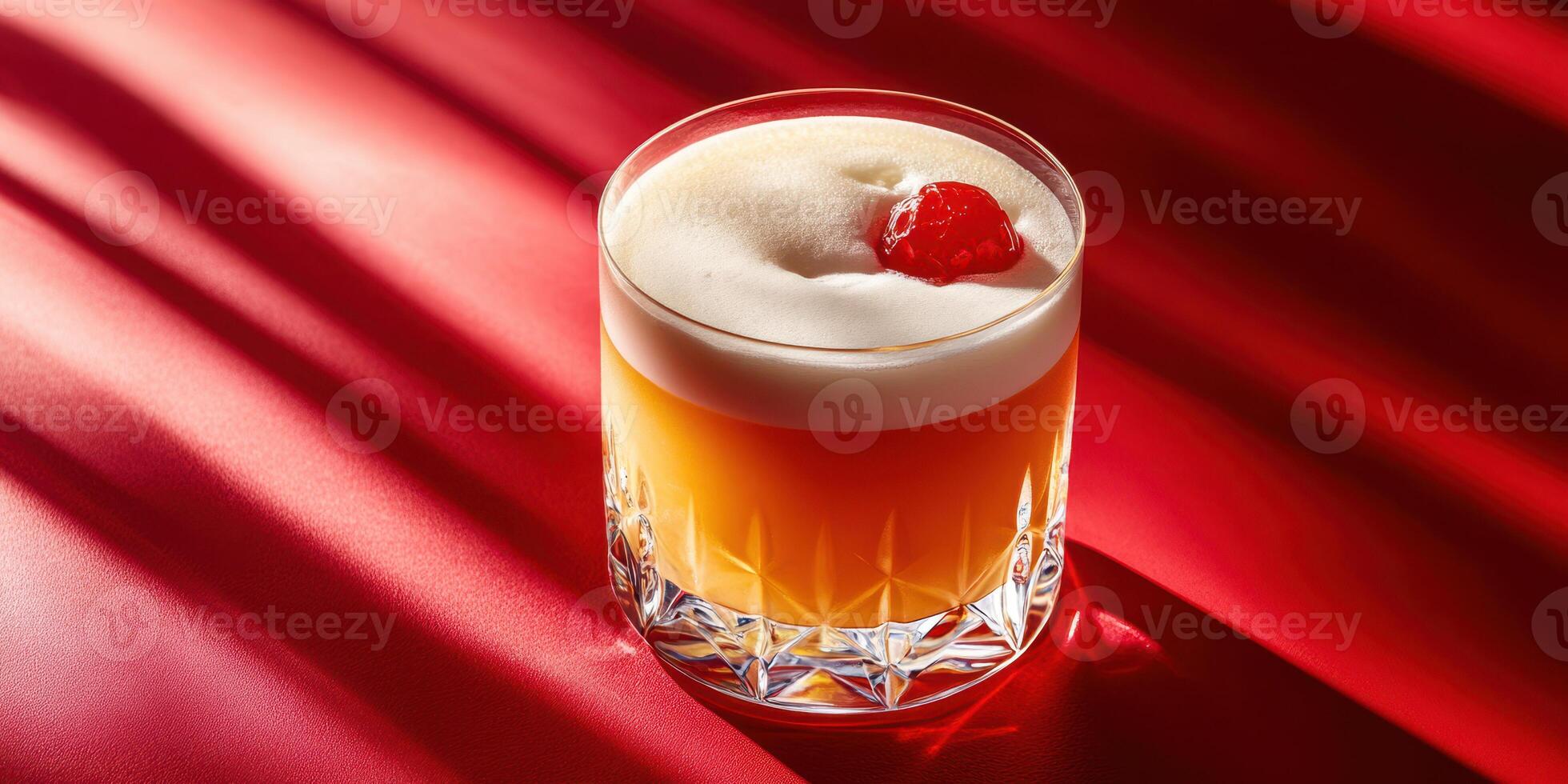 Vivid cocktail served in a crystal glass on a textured red background with elegant shadow play photo