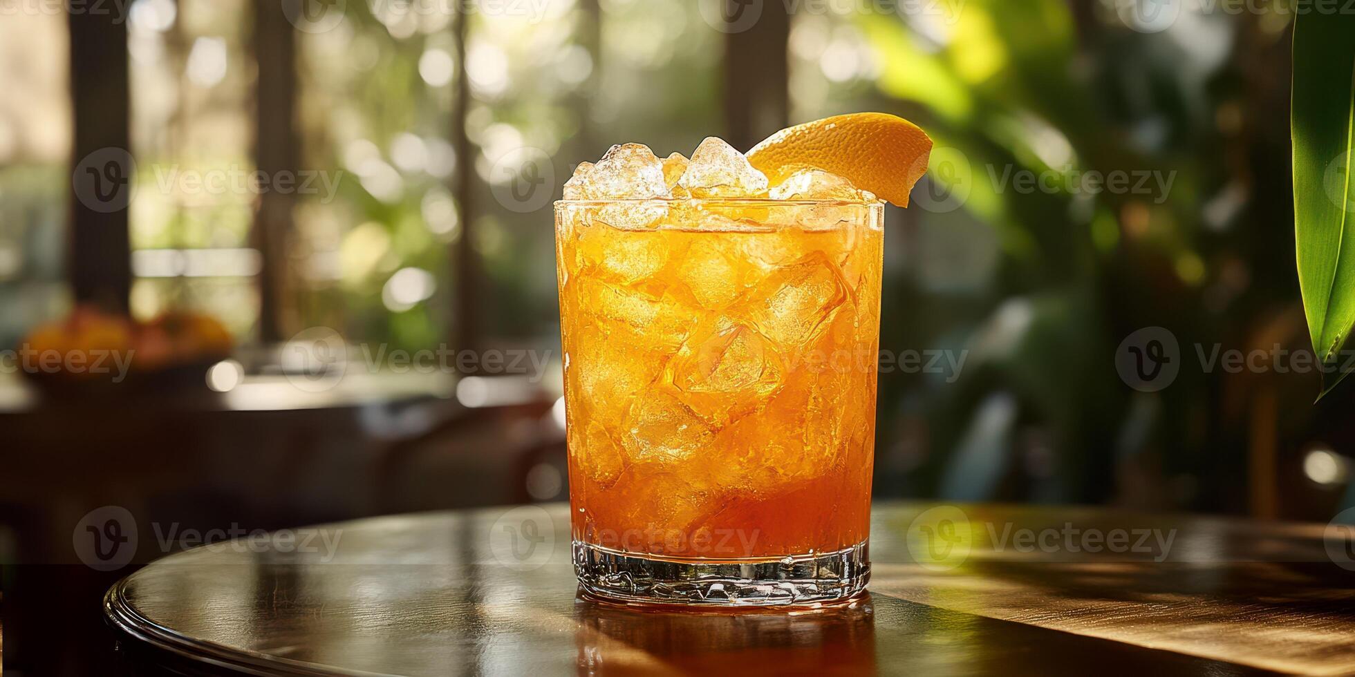 Refreshing cocktail with ice and orange garnish served in a glass at a sunny indoor setting during the afternoon photo