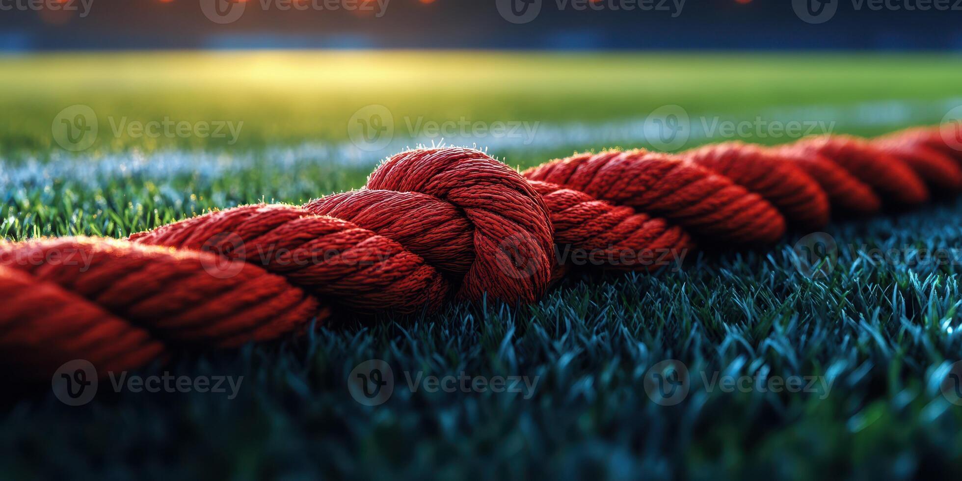 Red rope tied in a knot resting on green grass during sunset at a sports field photo