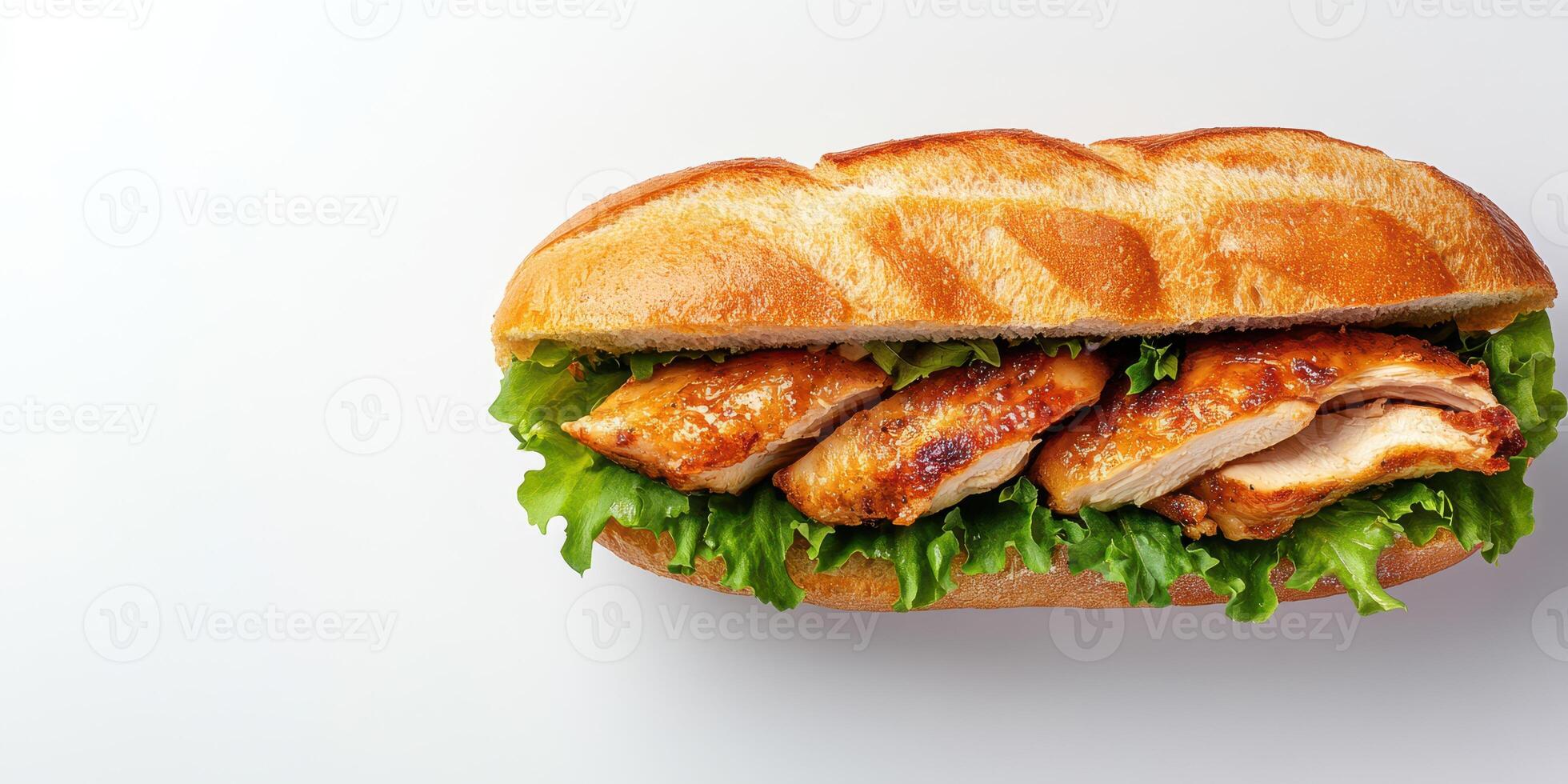 Tasty grilled chicken sandwich with fresh lettuce nestled in a crunchy bread roll photo
