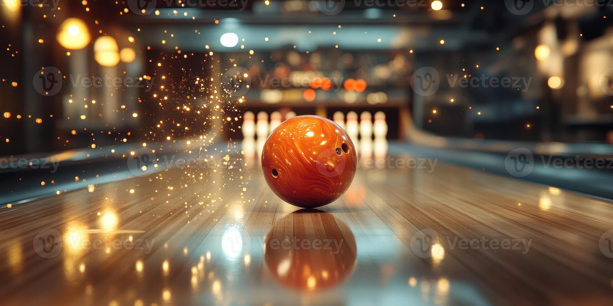 Bowling ball rolls down the lane with sparkling effects in a vibrant bowling alley during an evening game photo