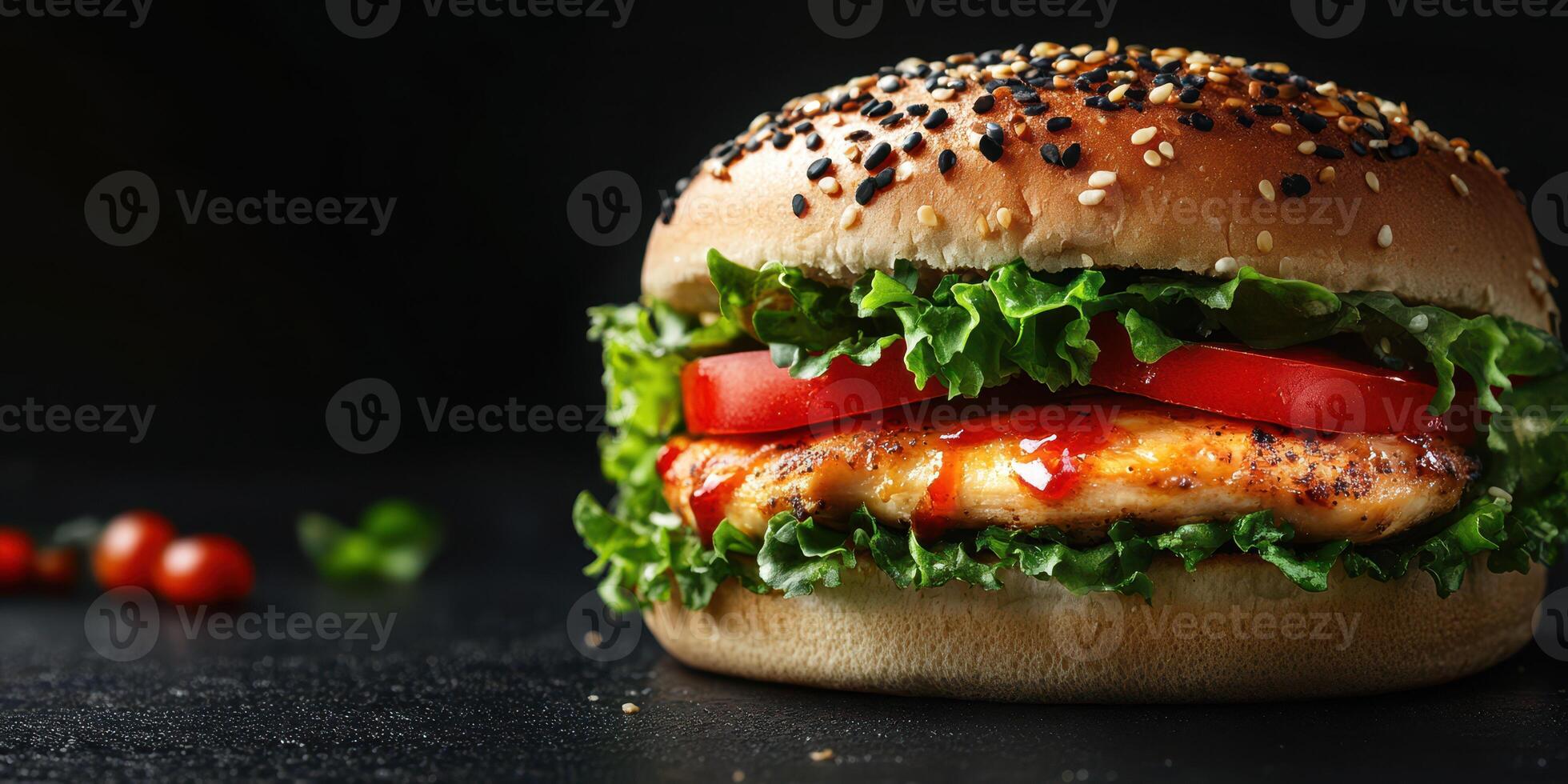 Delicious grilled chicken burger with fresh ingredients served on a sesame seed bun photo