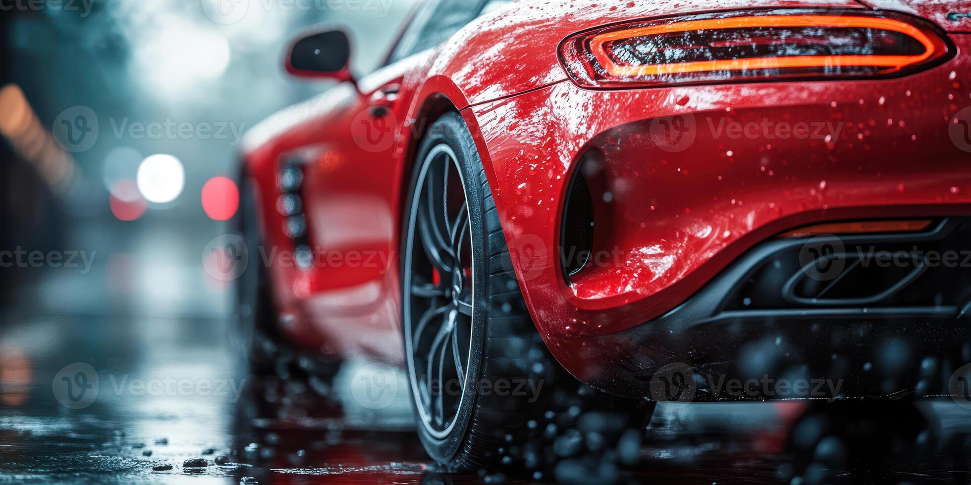 Red sports car parked on a rainy street, showcasing vibrant reflections and water droplets on a sleek exterior photo