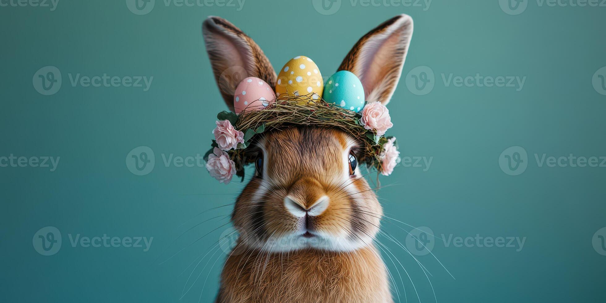 Easter rabbit with a flower crown and colorful eggs celebrating spring festivities photo