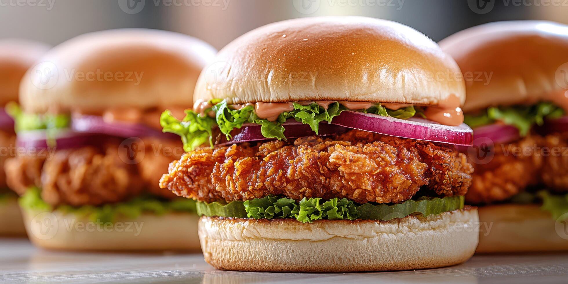 Crispy fried chicken sandwiches with fresh toppings served on soft buns create a delicious lunchtime meal photo