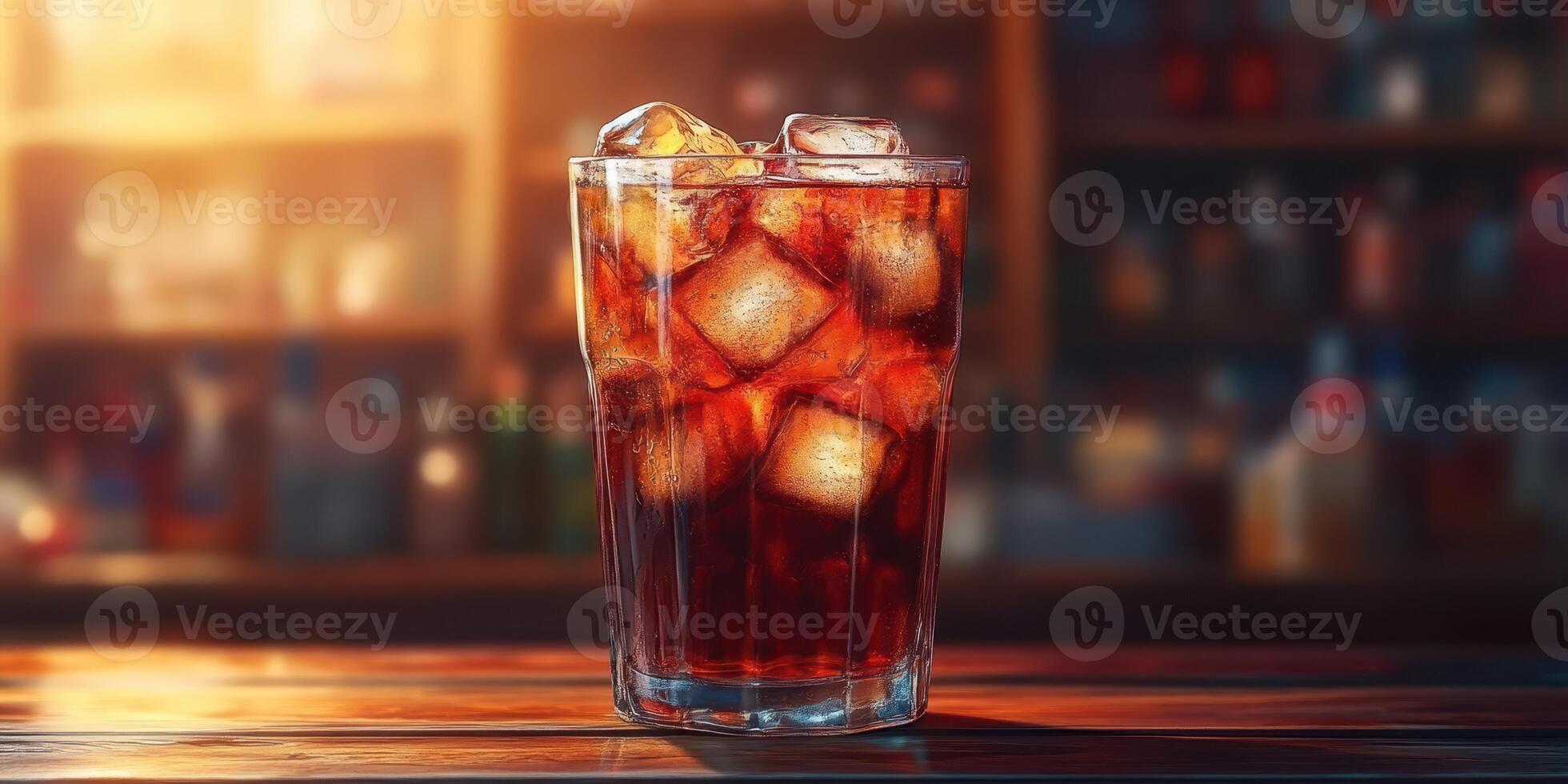 Refreshing glass of iced beverage on wooden table with blurred backdrop of a bar in the evening photo