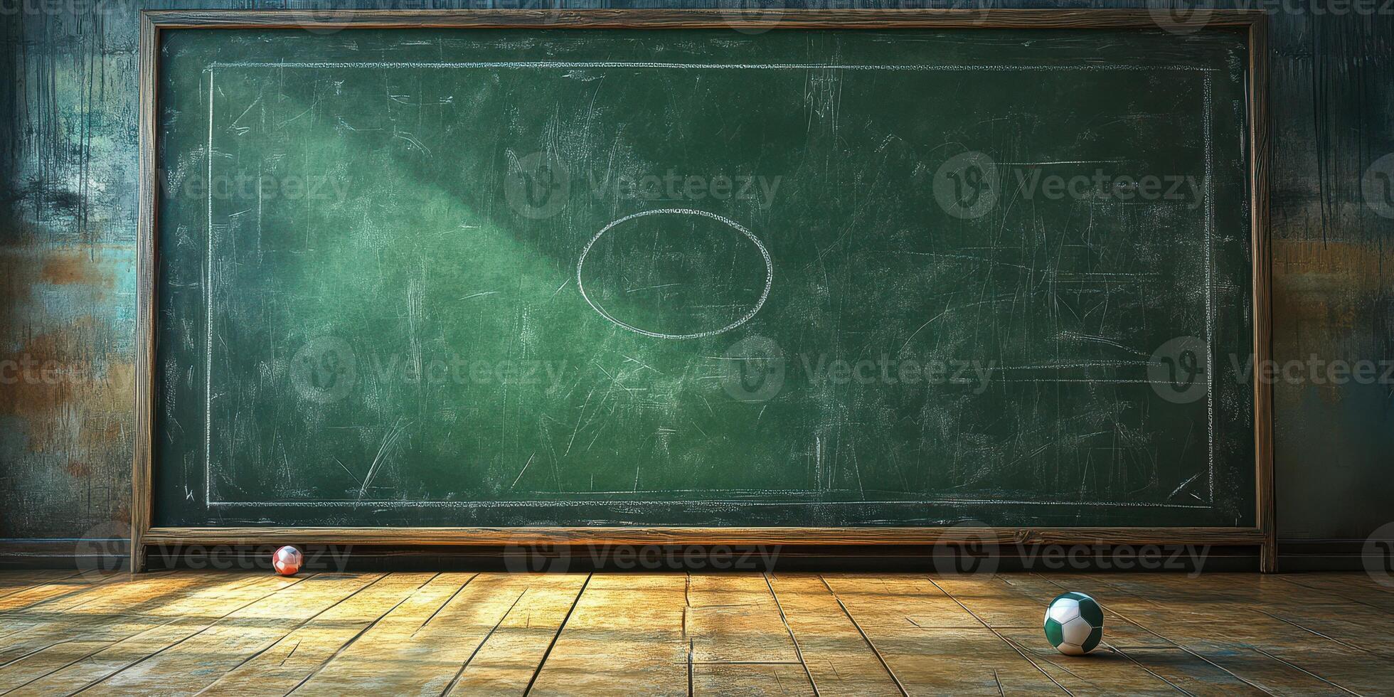 Blank chalkboard with two soccer balls on the floor in a dimly lit room photo