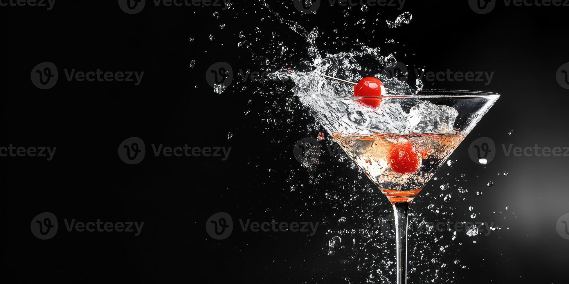 Vibrant cocktail splashes with cherry garnish in elegant glass on black background celebrating a refreshing drink moment photo