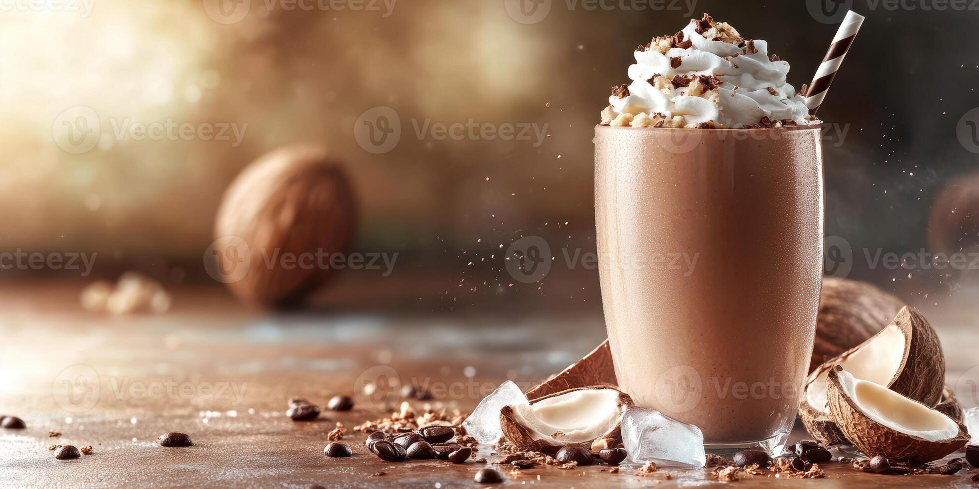 Decadent chocolate shake topped with whipped cream and nuts in a rustic setting photo