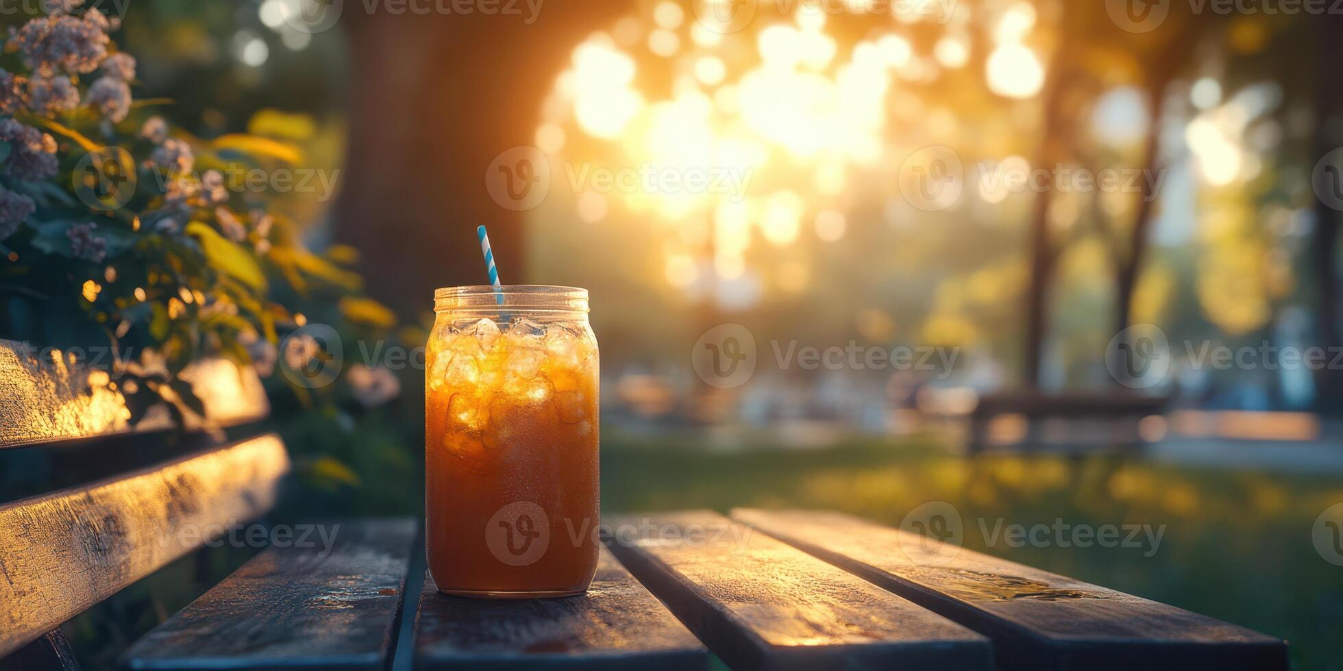 Refreshing iced beverage sits on a wooden bench in a sunlit park during a warm afternoon photo