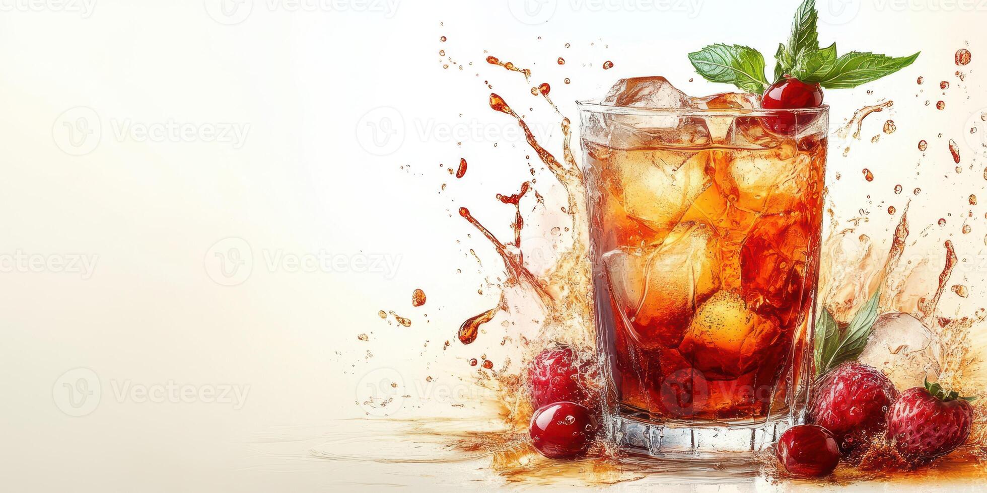 Freshly mixed drink with berries and mint served in a glass with ice on a light background photo