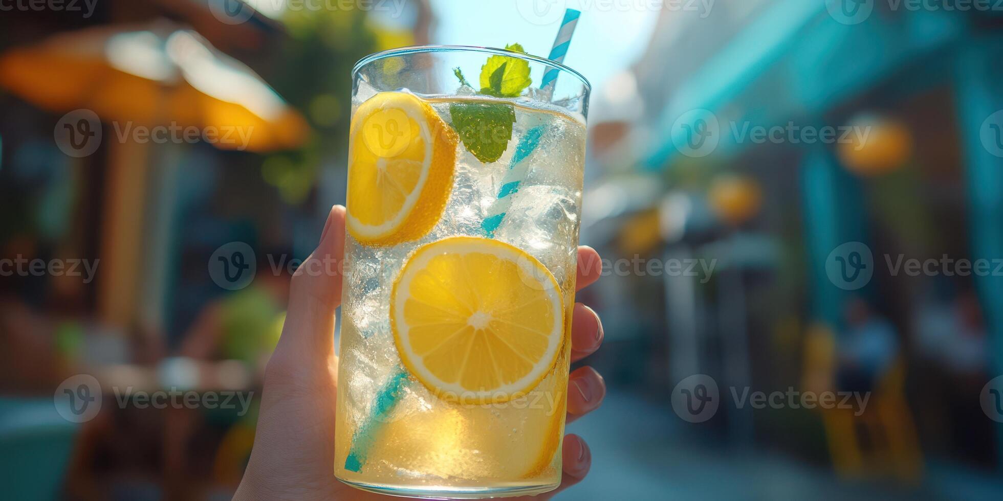 Refreshing lemonade served on a sunny day in a lively outdoor cafe setting with vibrant colors and cheerful atmosphere photo
