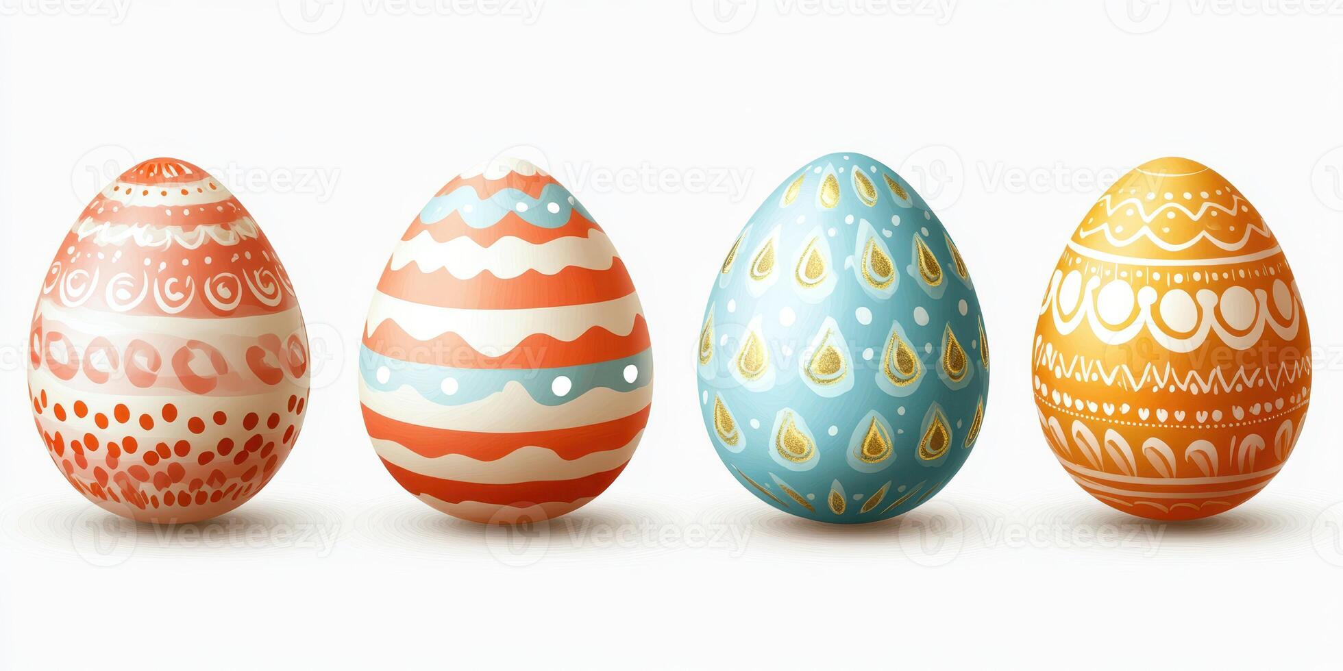 Colorful decorative eggs arranged in a row showcasing creative patterns and festive designs for spring celebrations photo