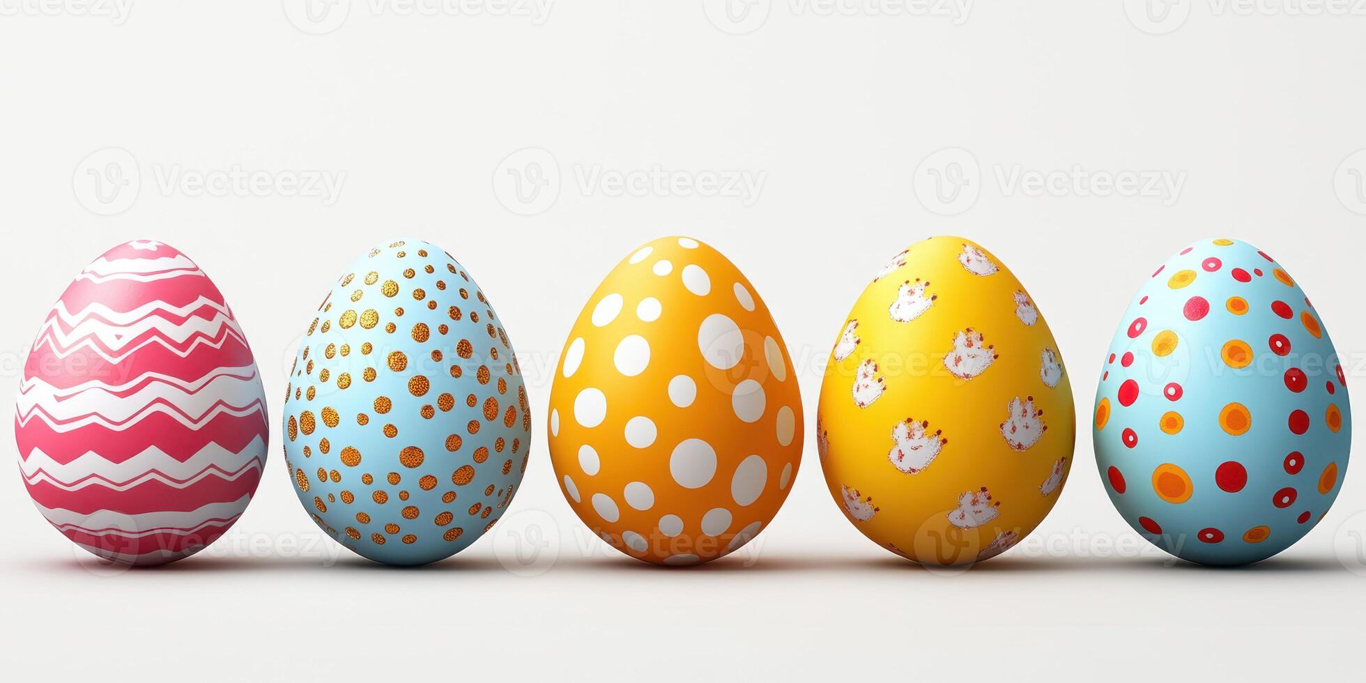 Colorful decorated Easter eggs lined up on a white background, showcasing spring themes and various patterns photo