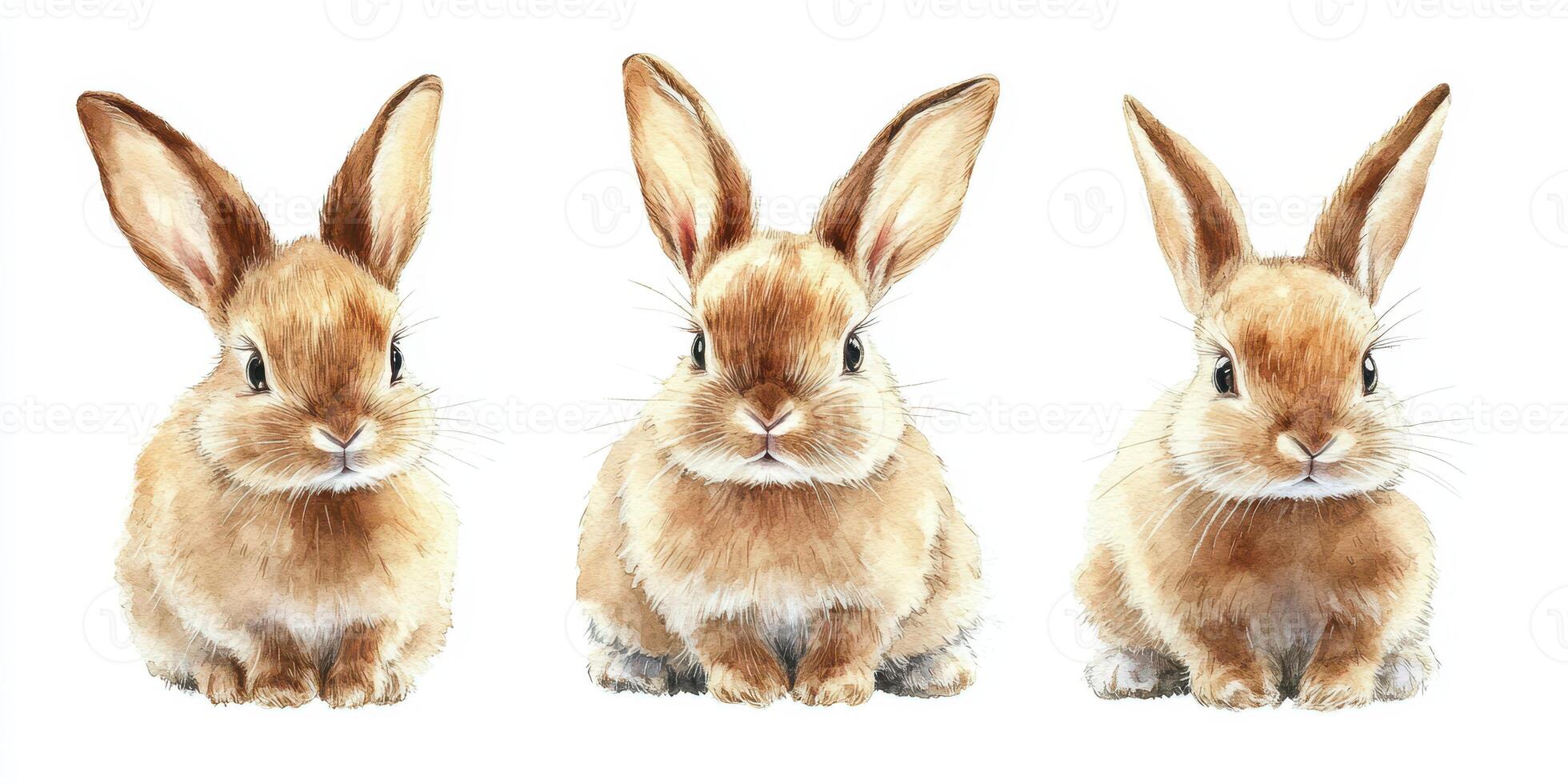 Three adorable rabbits sitting side by side with alert expressions and soft fur on a clean white background photo