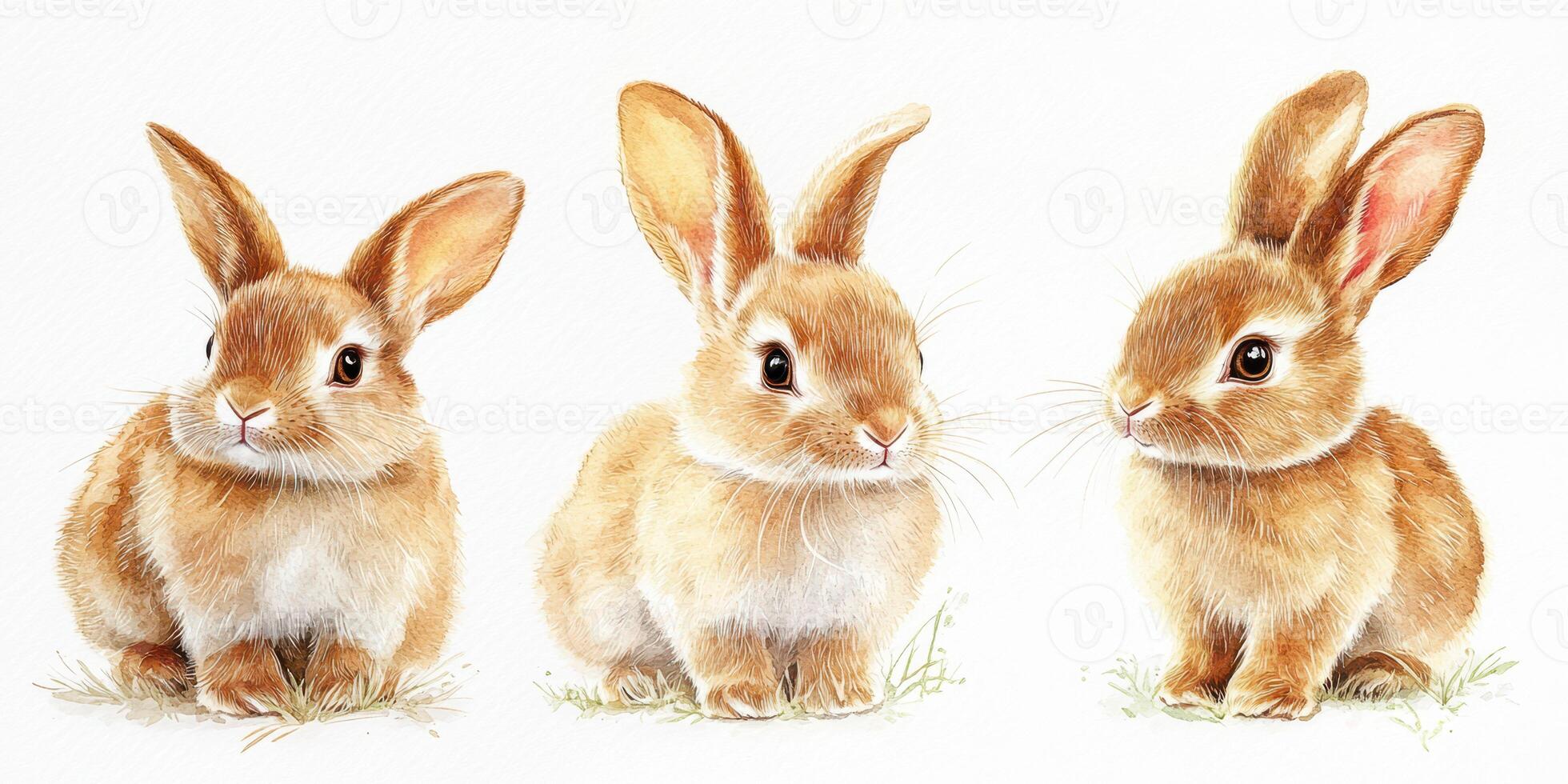 Three adorable brown rabbits posing on a soft background, showcasing their cute features and playful nature in a serene setting photo