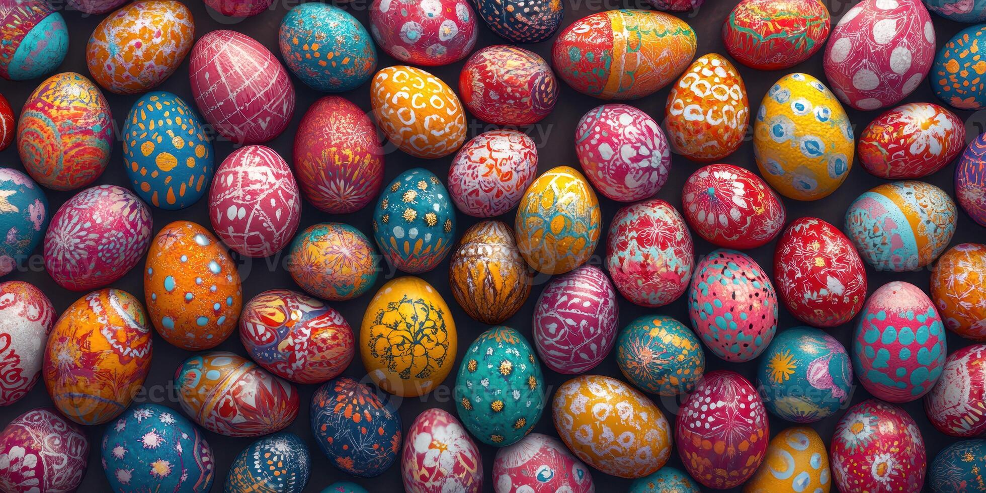 Vibrant and colorful decorated eggs displayed for spring celebrations and festive occasions, creating a lively and cheerful atmosphere photo