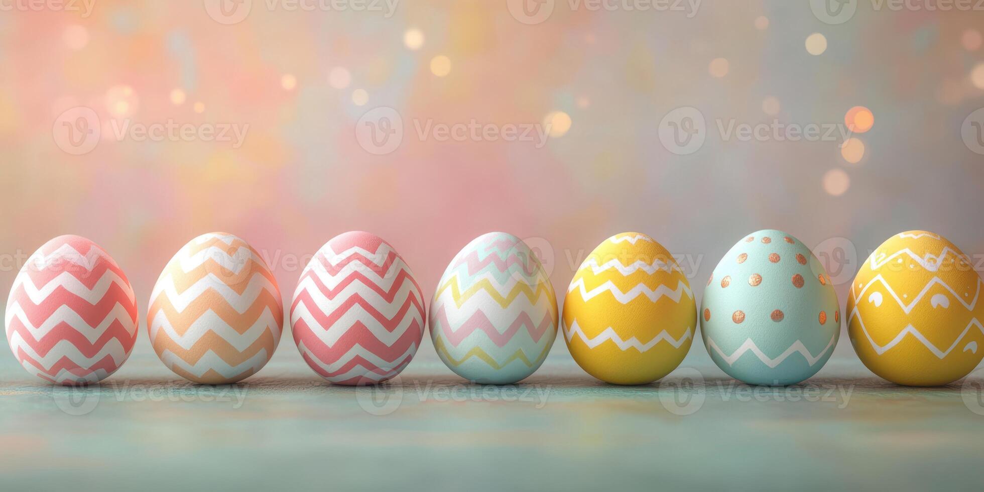 Brightly colored Easter eggs lined up on a pastel surface during a spring celebration in a warm, festive atmosphere photo