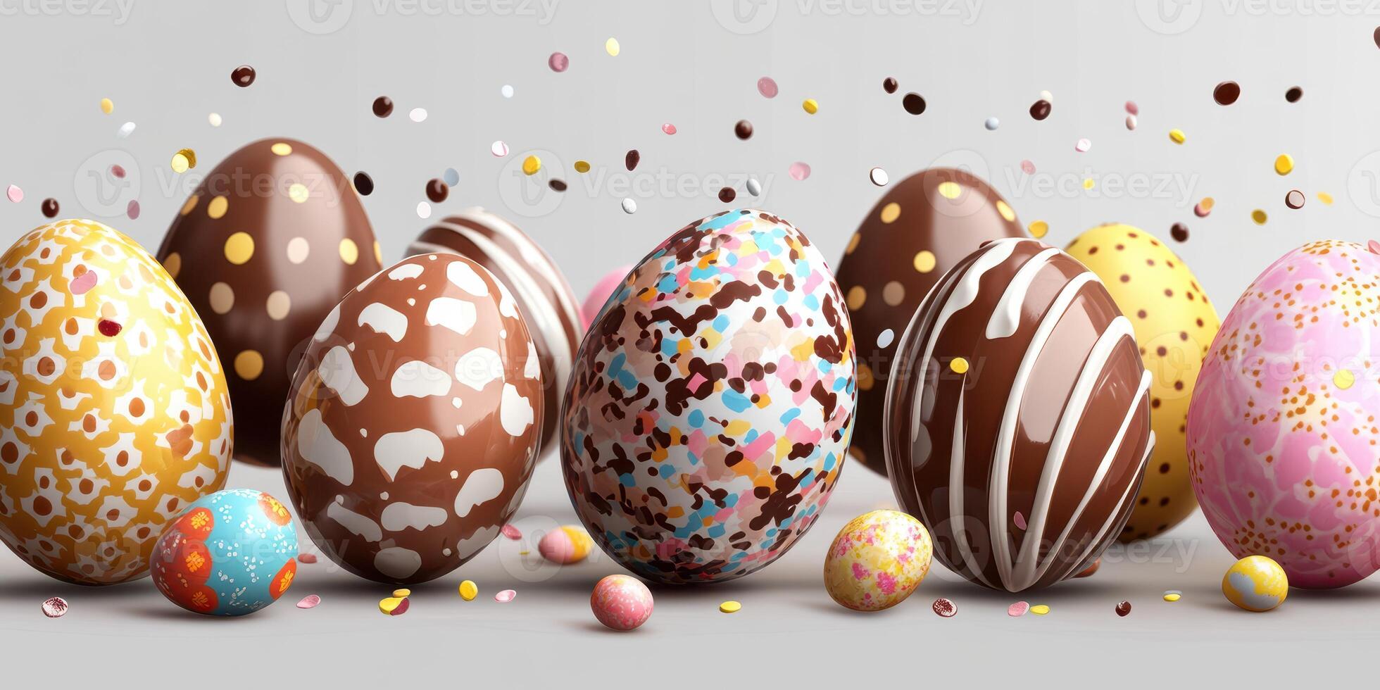 Colorful Easter eggs with decorative patterns and sprinkles on a neutral background photo