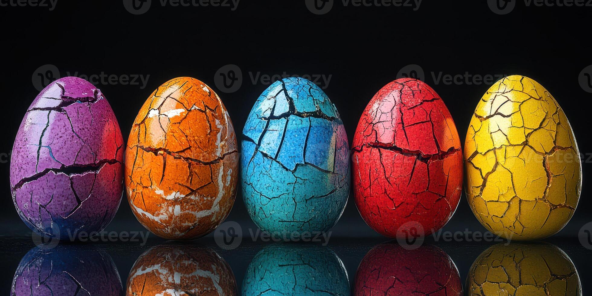Colorful cracked eggs arranged in a line showcasing vibrant hues and textures photo