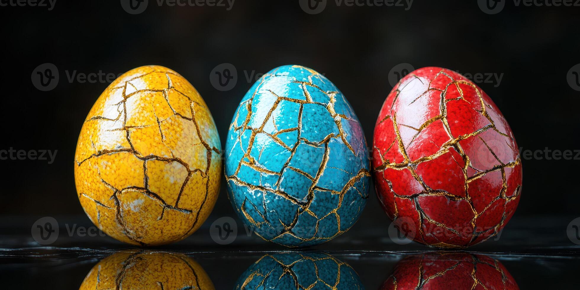 Beautifully crafted decorative eggs in vibrant colors displayed against a dark background during the spring season photo