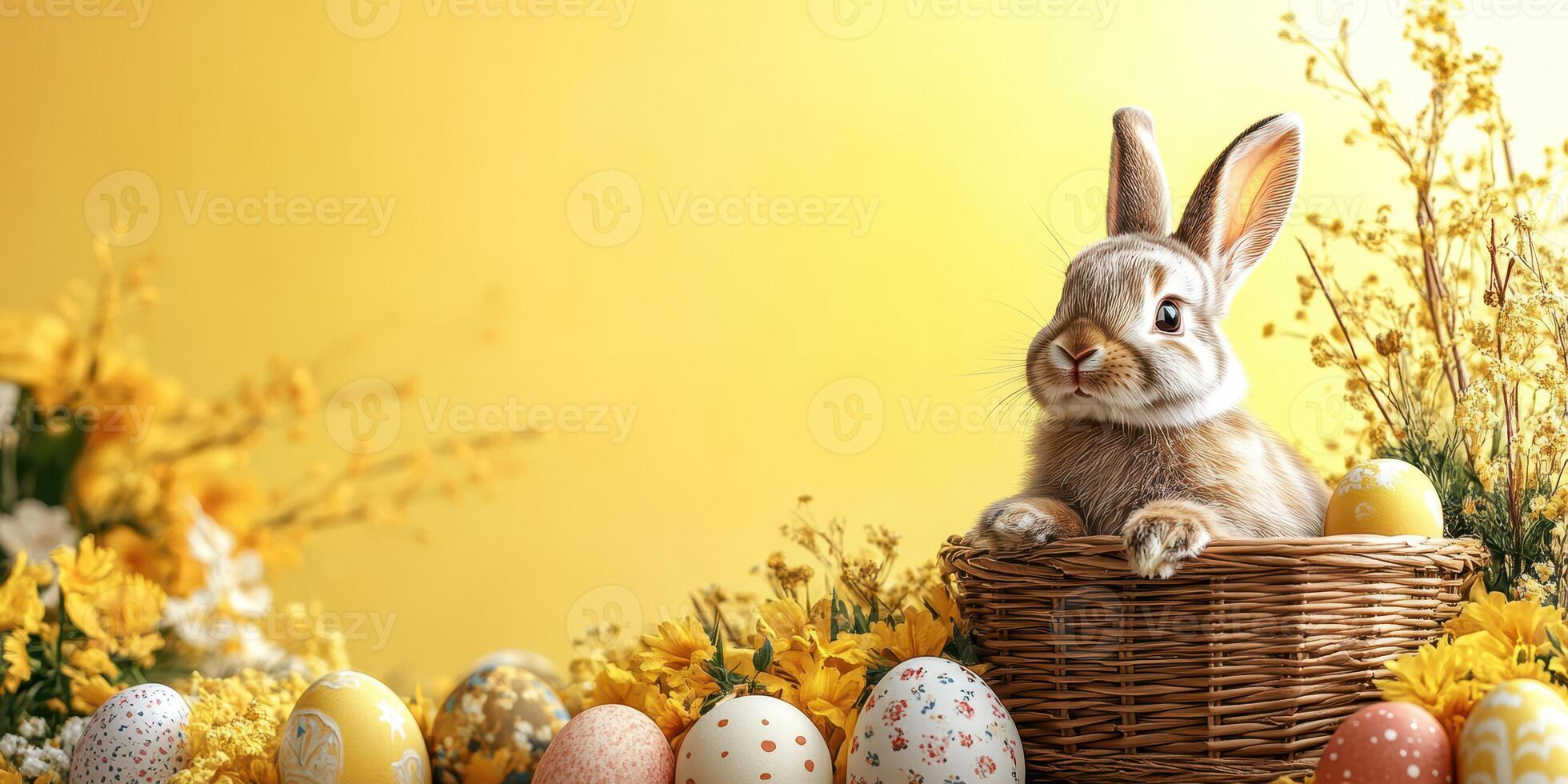 Cute rabbit sitting in a basket surrounded by colorful eggs and flowers during Easter celebrations in a bright setting photo