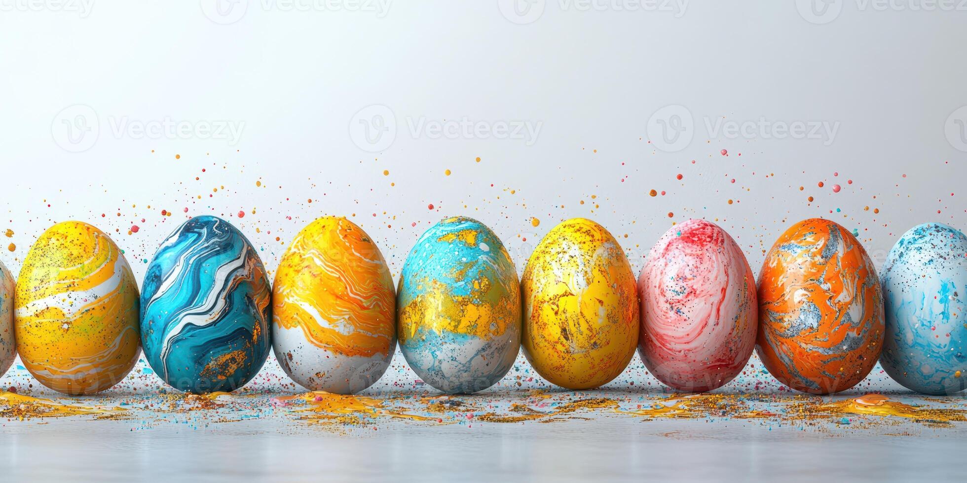 Colorful Easter eggs arranged in a row with splashes of paint against a light background photo