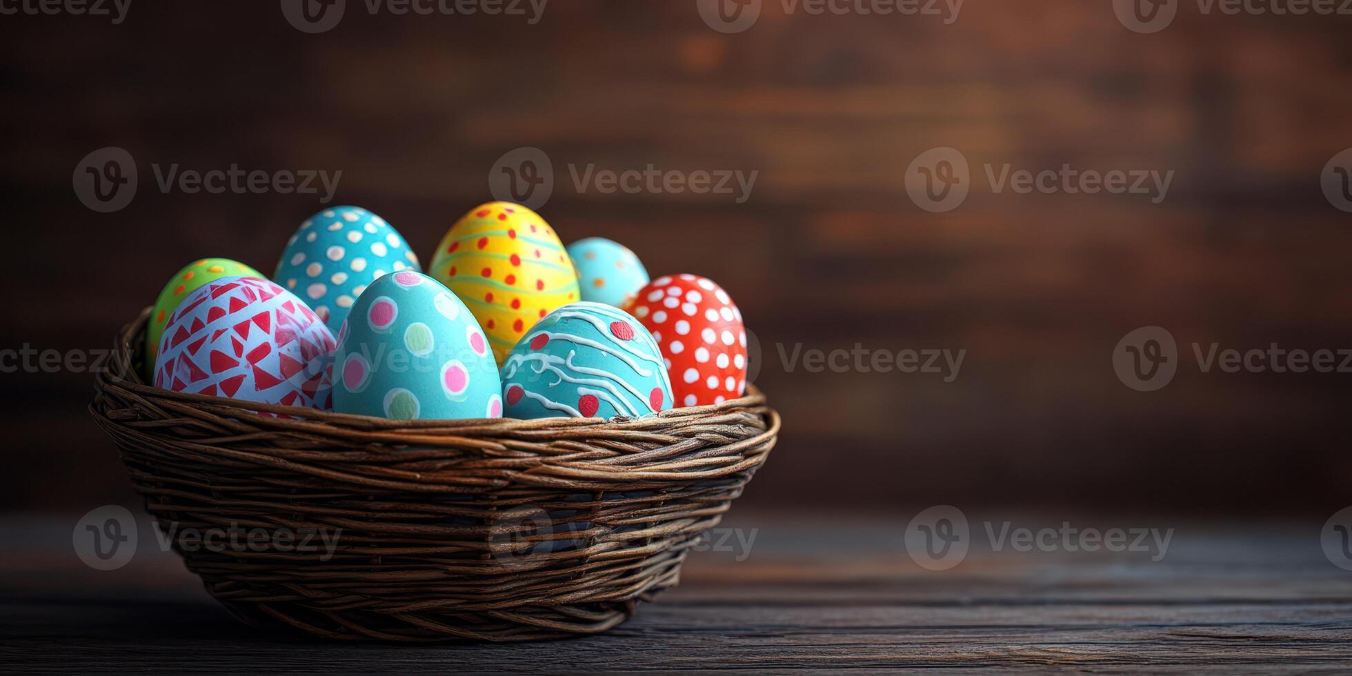 Decorative Easter eggs in a wicker basket placed on a dark wooden surface during spring festivities photo