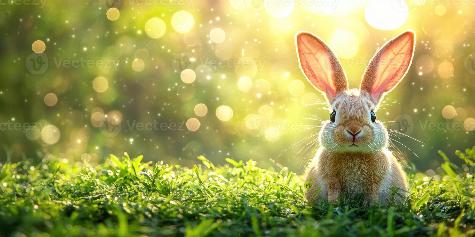 Curious rabbit sitting in a lush green field during a sunny afternoon with sparkling light in the background photo