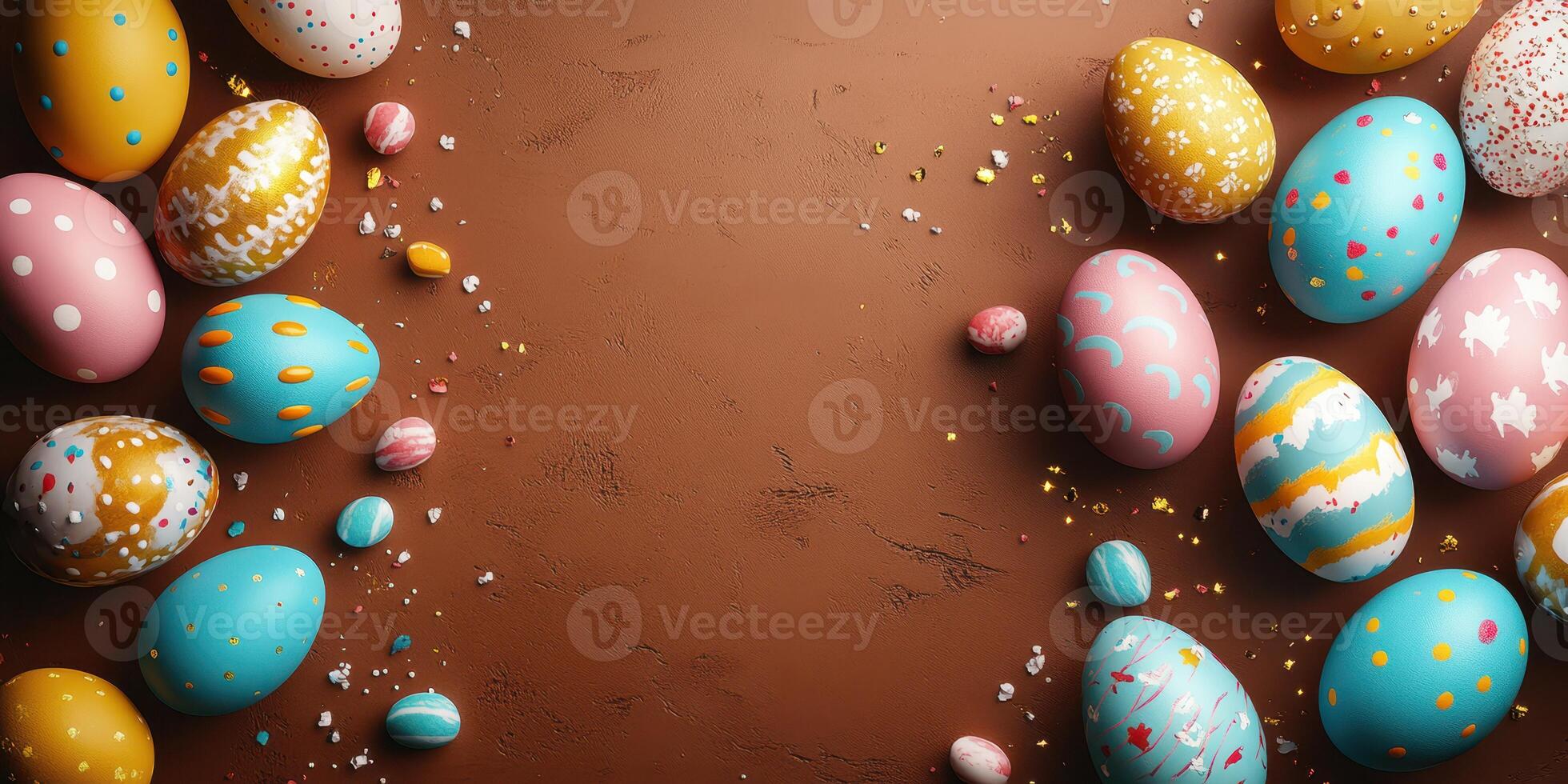 Colorful decorated Easter eggs arranged on a brown surface for a festive spring celebration photo