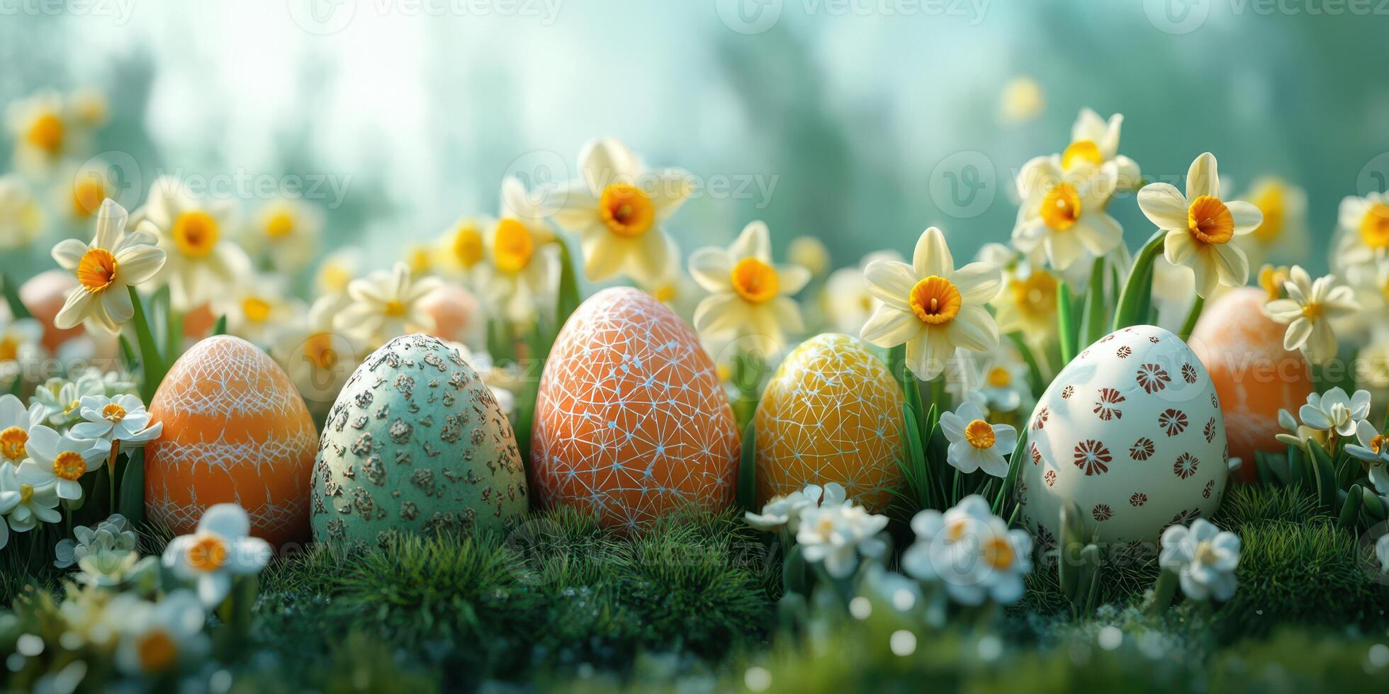 Colorful decorated Easter eggs surrounded by flowers in a serene garden setting during springtime joy photo