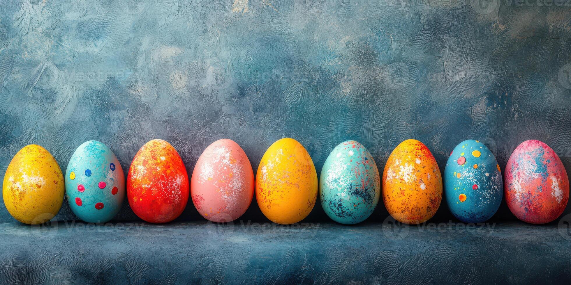 Colorful decorated eggs arranged in a row on a textured blue background during spring festivities photo