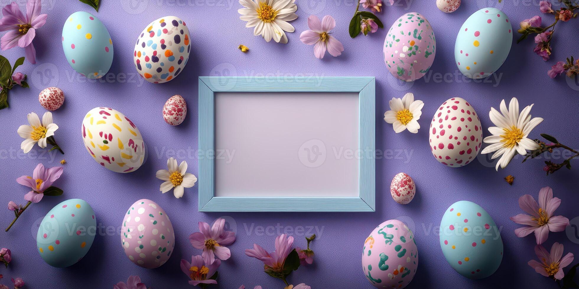 Colorful decorated Easter eggs surrounded by flowers and a blank frame on purple background creates a festive atmosphere for spring celebrations photo