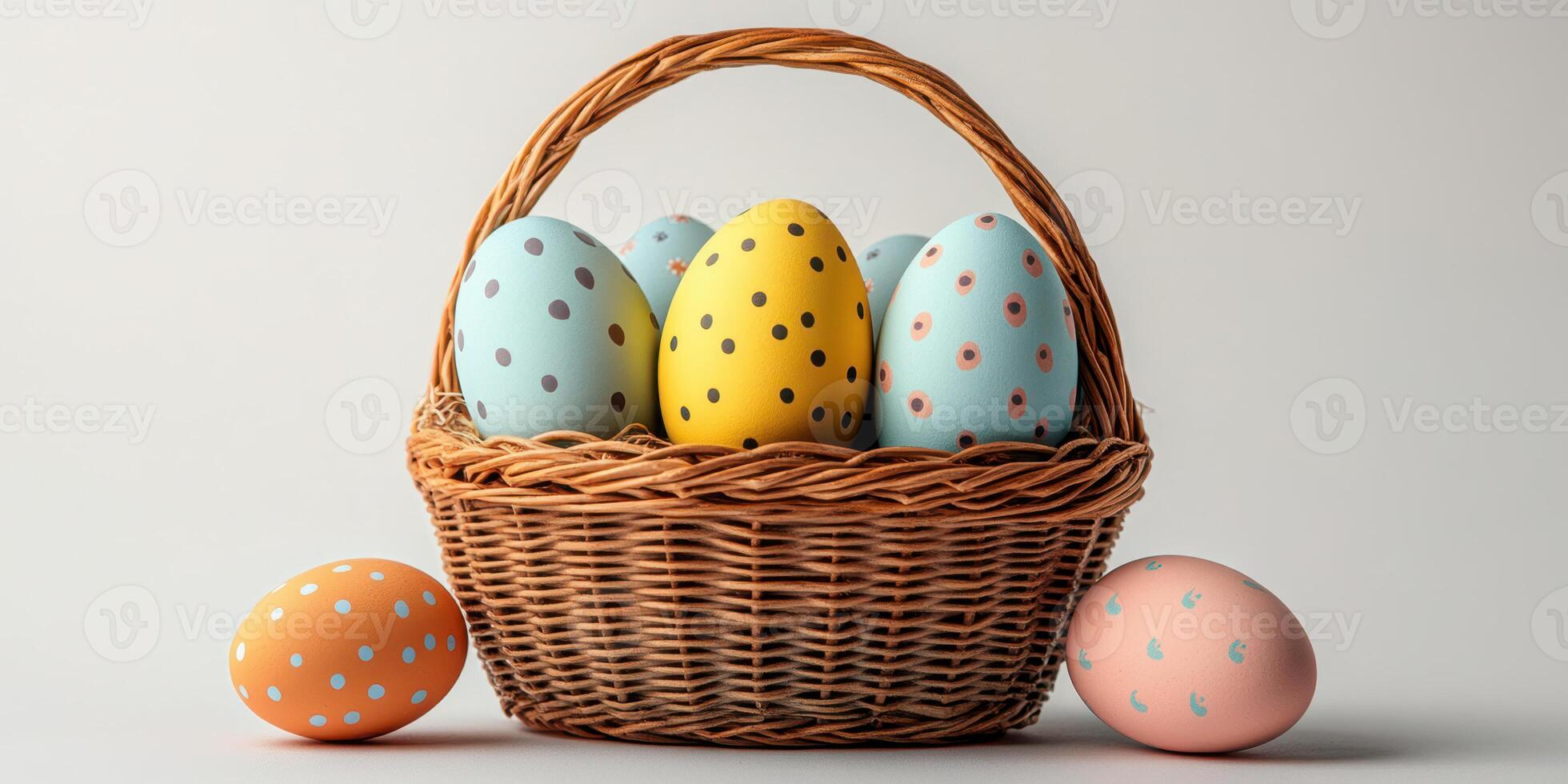 Colorful Easter eggs in a wicker basket with polka dots placed on a light background photo