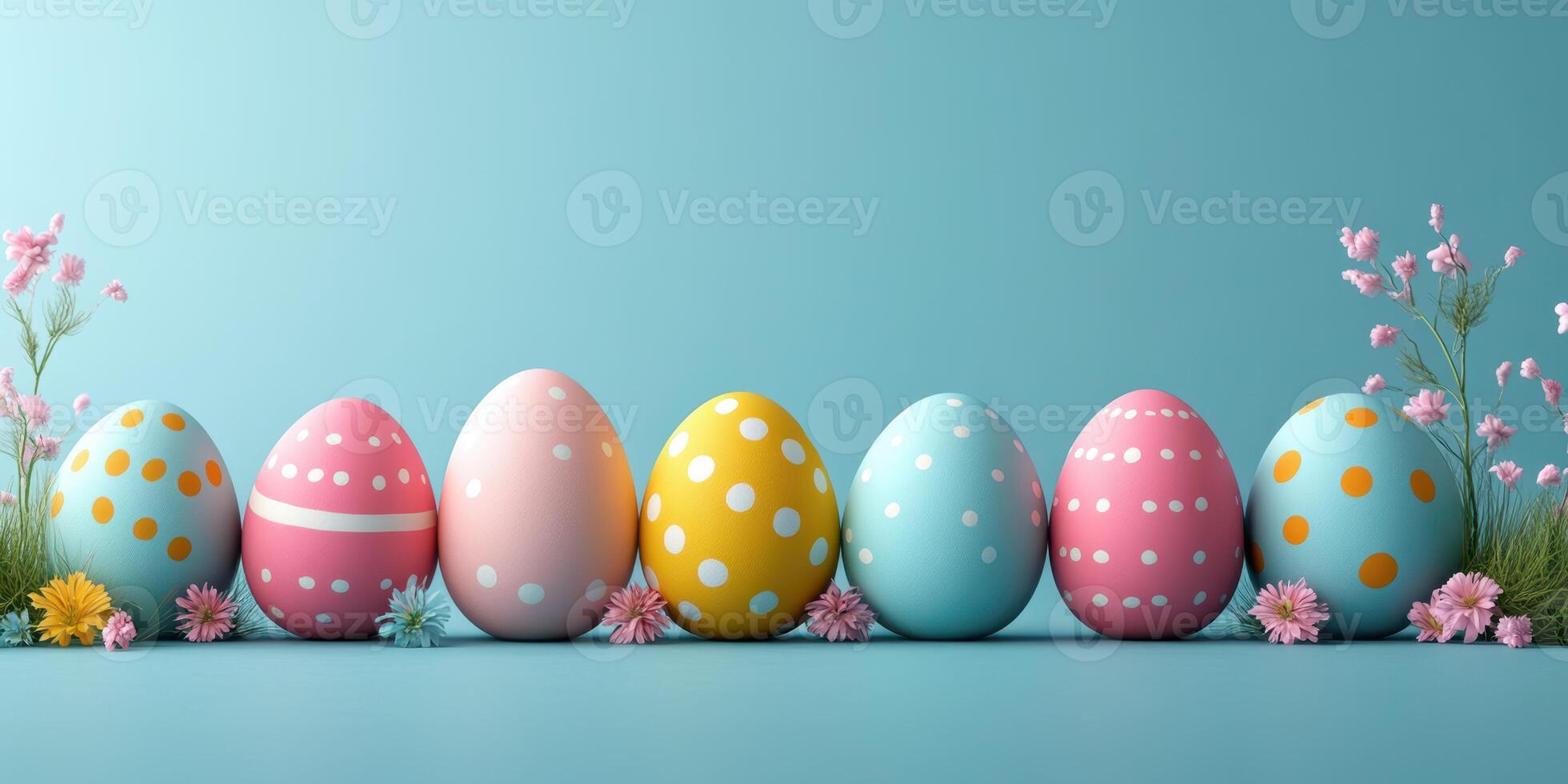Colorful Easter eggs decorated with vibrant patterns displayed on a blue surface with flowers photo