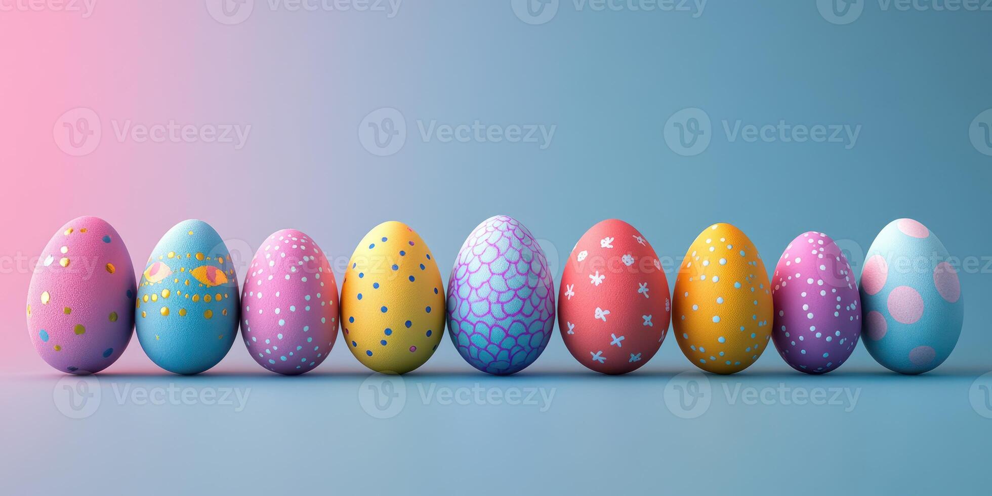 Brightly colored Easter eggs arranged in a row against a pastel background, perfect for spring celebrations and festive decorations photo